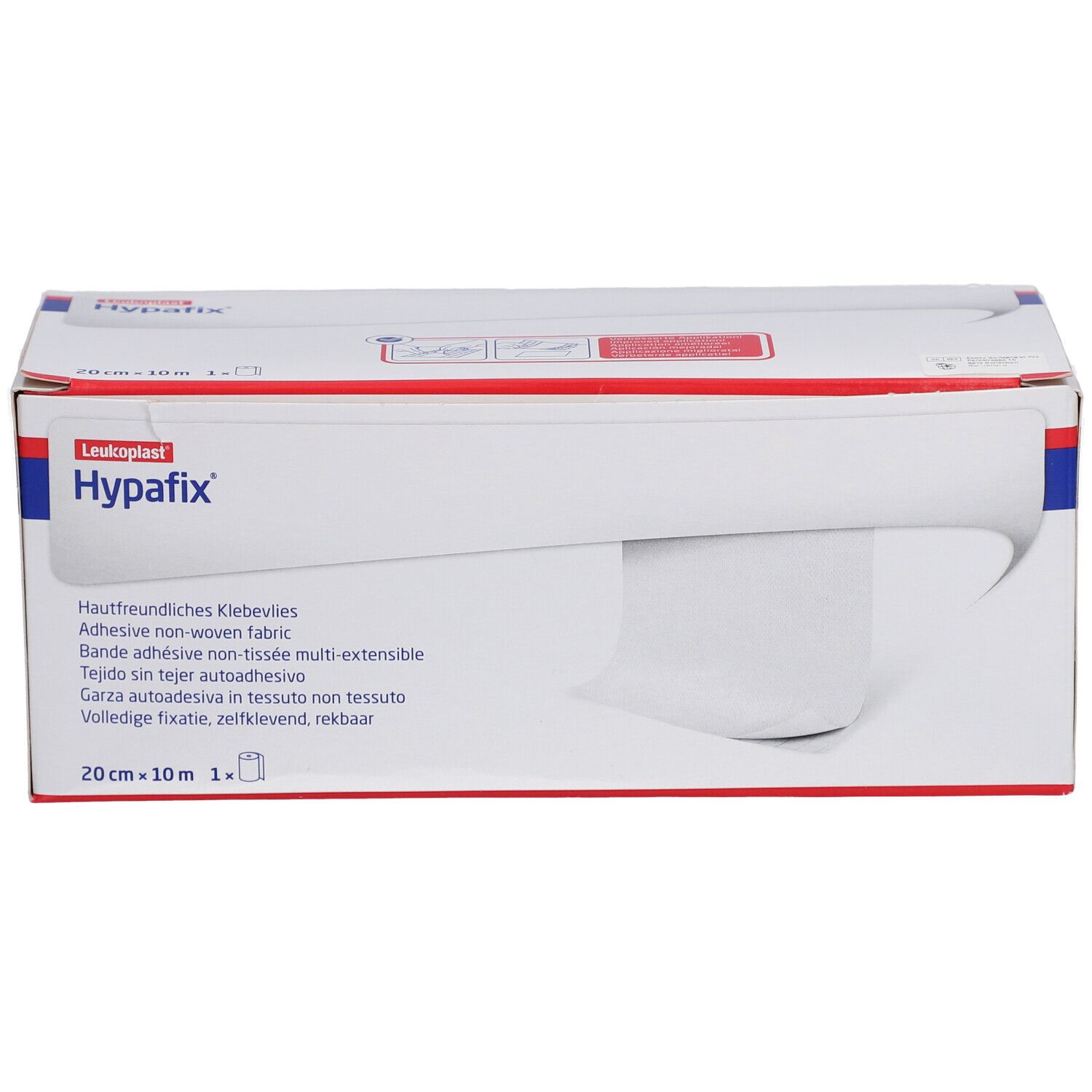 Karton mit Hypafix. Klebebandrolle sichtbar. 20 cm x 10 m. Aufschrift: Hautfreundliches Klebevlies.