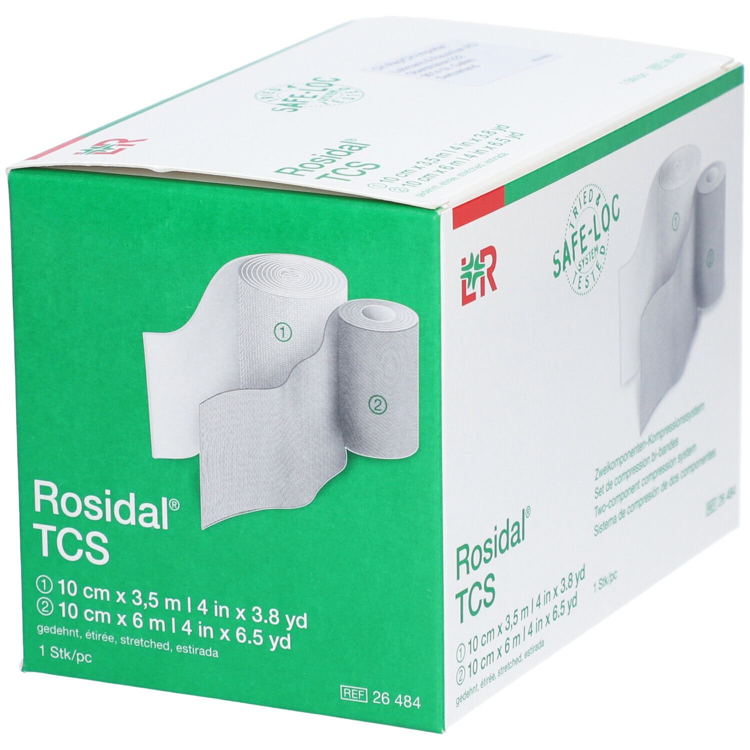 Boîte de Rosidal® TCS. Boîte verte et blanche avec illustration du produit. Inscriptions : 10 cm x 3,5 m et 10 cm x 6 m. Avec logo.