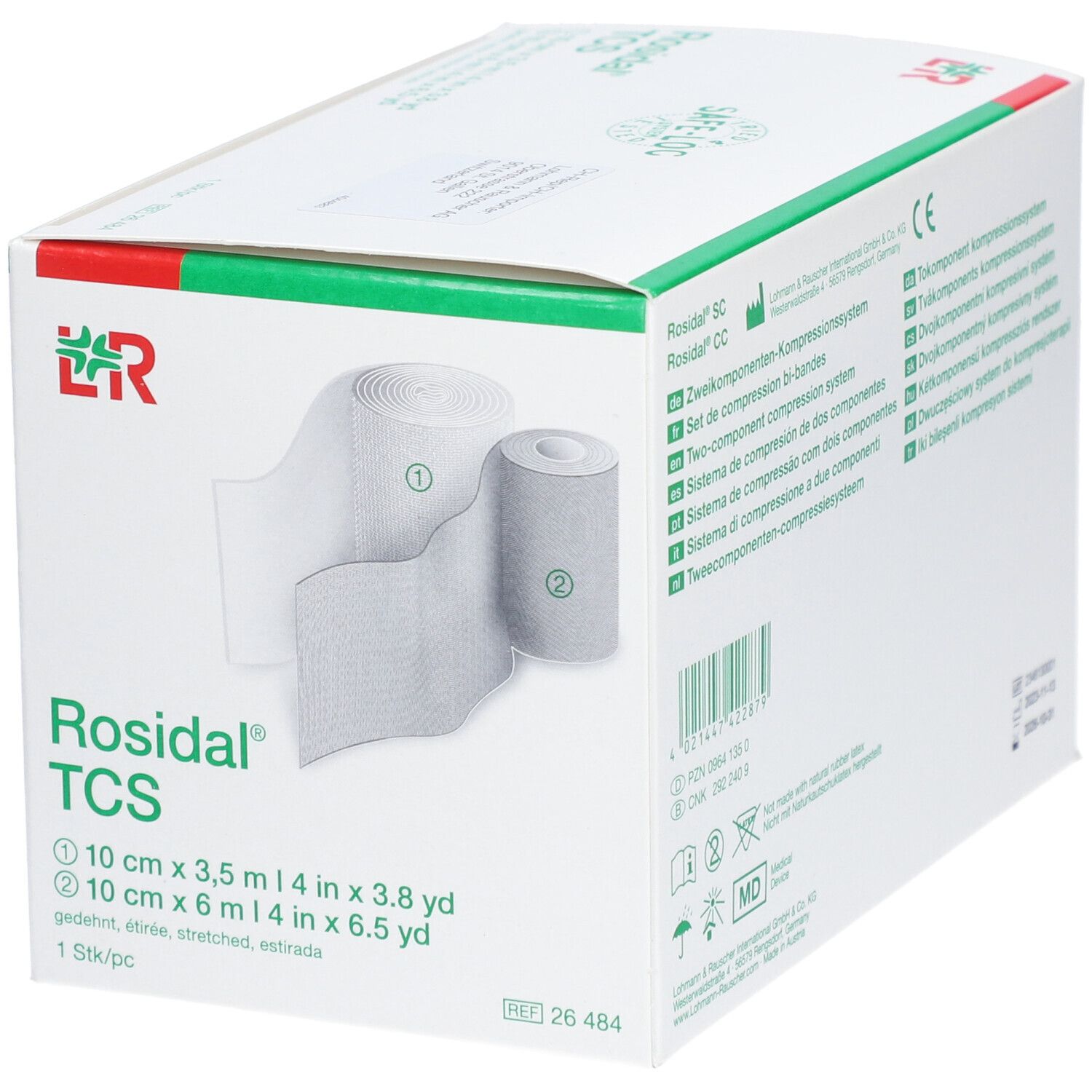 Boîte de Rosidal® TCS. Boîte verte et blanche avec illustration du produit. Inscriptions : 10 cm x 3,5 m et 10 cm x 6 m. Avec logo.