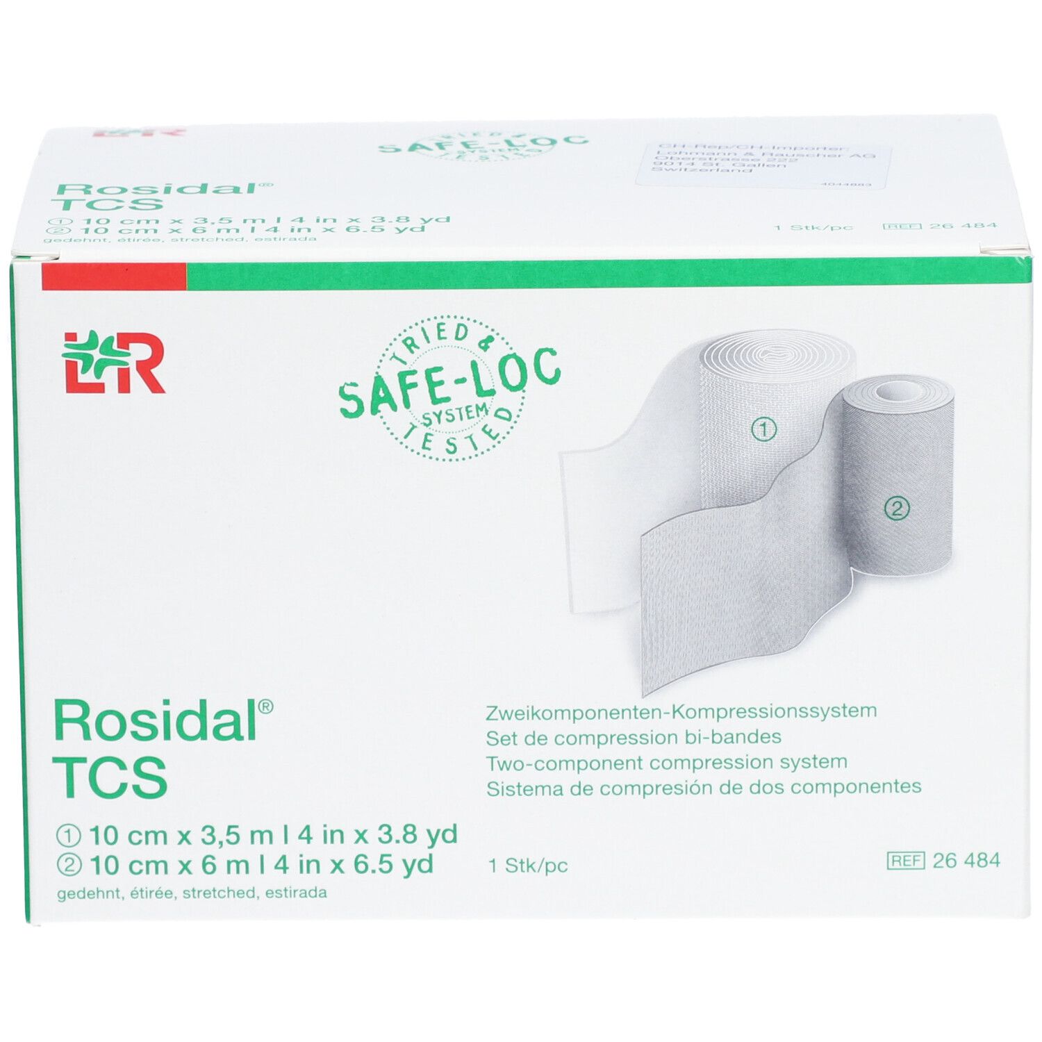 Boîte de Rosidal® TCS. Contient deux bandages de compression. Inscriptions : 10 cm x 3,5 m et 10 cm x 6 m. Avec logo et certification.