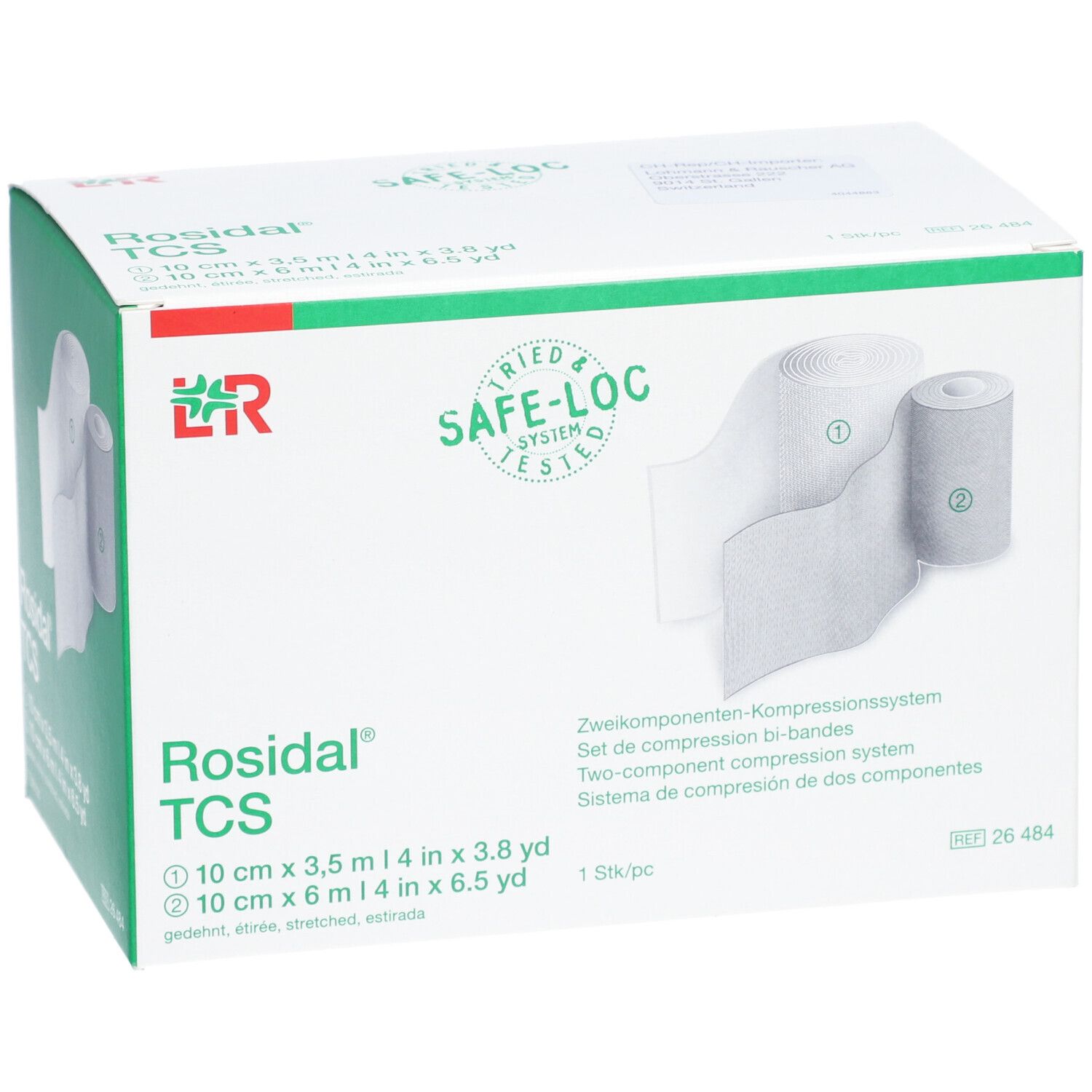 Boîte de Rosidal® TCS. Contient deux bandages de compression. Inscriptions : 10 cm x 3,5 m et 10 cm x 6 m. Avec logo et certification.