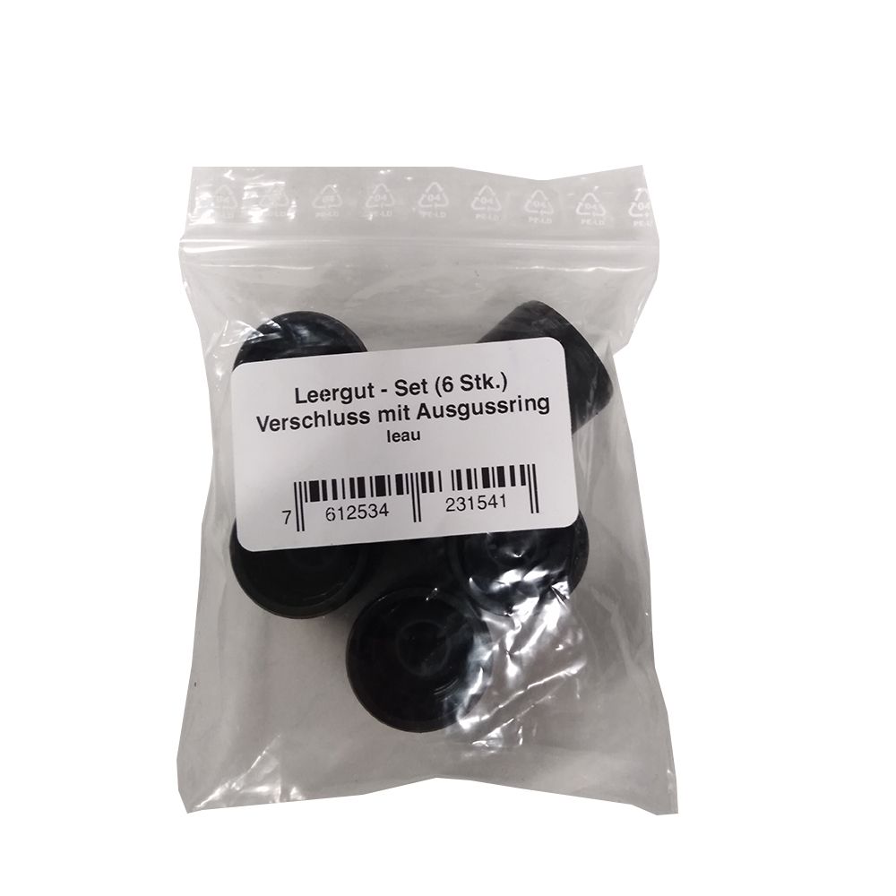 Sechs schwarze Verschlüsse mit Ausgussring in einer Plastiktüte.