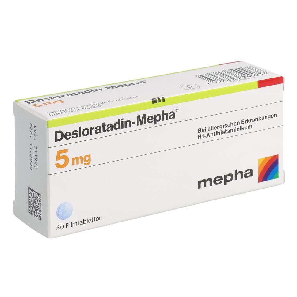 Boîte de Desloratadine-Mepha 5 mg, 50 comprimés pelliculés, antihistaminique H1 pour affections allergiques.