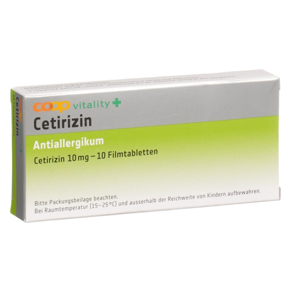 Verpackung von COOP Vitality Cetirizin Filmtabl 10 mg. Enthält 10 Filmtabletten. Aufschrift: Antiallergikum. Lagerung bei Raumtemperatur.