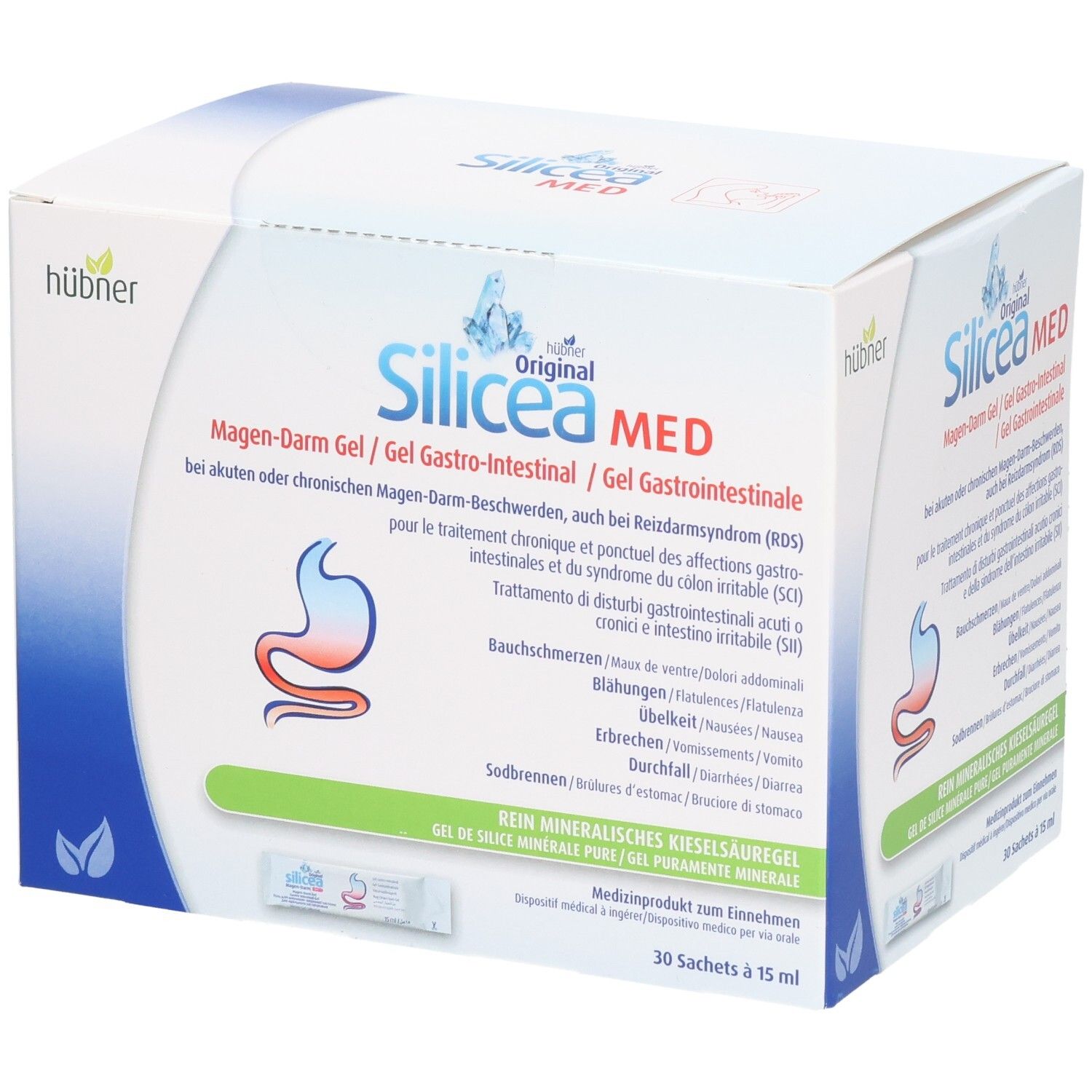 Boîte Hübner Silicea MED. Inscription: Gel Gastro-Intestinal, 30 sachets de 15 ml. Logo: Estomac avec ligne rouge.