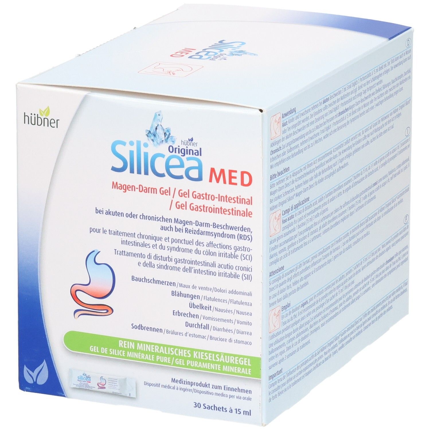 Boîte Hübner Silicea MED. Inscription: Gel Gastro-Intestinal, 30 sachets de 15 ml. Logo: Estomac avec ligne rouge.