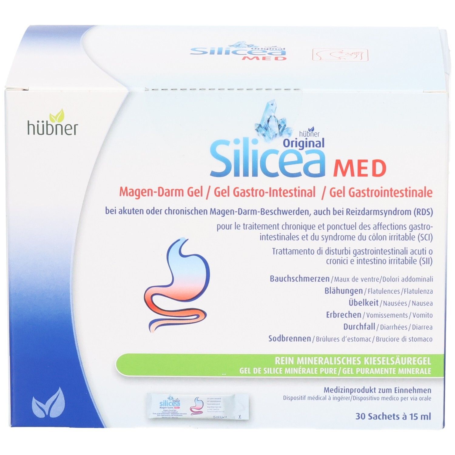 Boîte Hübner Silicea MED. Inscription: Gel Gastro-Intestinal, 30 sachets de 15 ml. Logo: Estomac avec ligne rouge.
