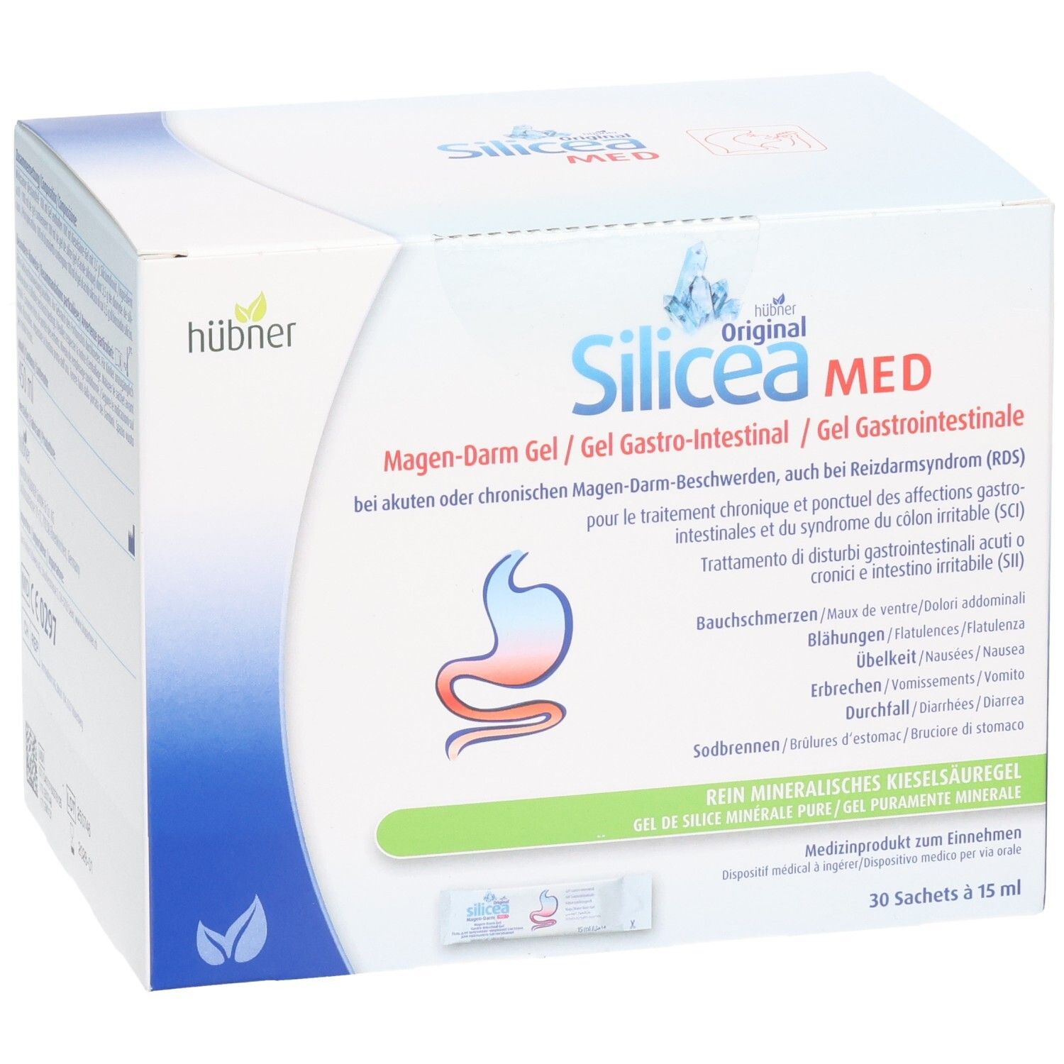Boîte Hübner Silicea MED. Inscription: Gel Gastro-Intestinal, 30 sachets de 15 ml. Logo: Estomac avec ligne rouge.