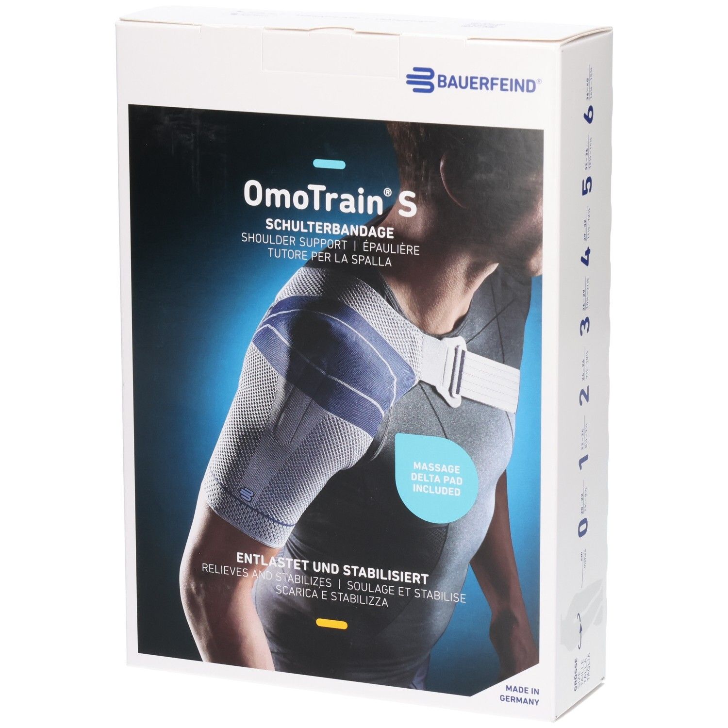 Bauerfeind OmoTrain S Schulterbandage Verpackung mit Abbildung einer Person, die die Bandage trägt.