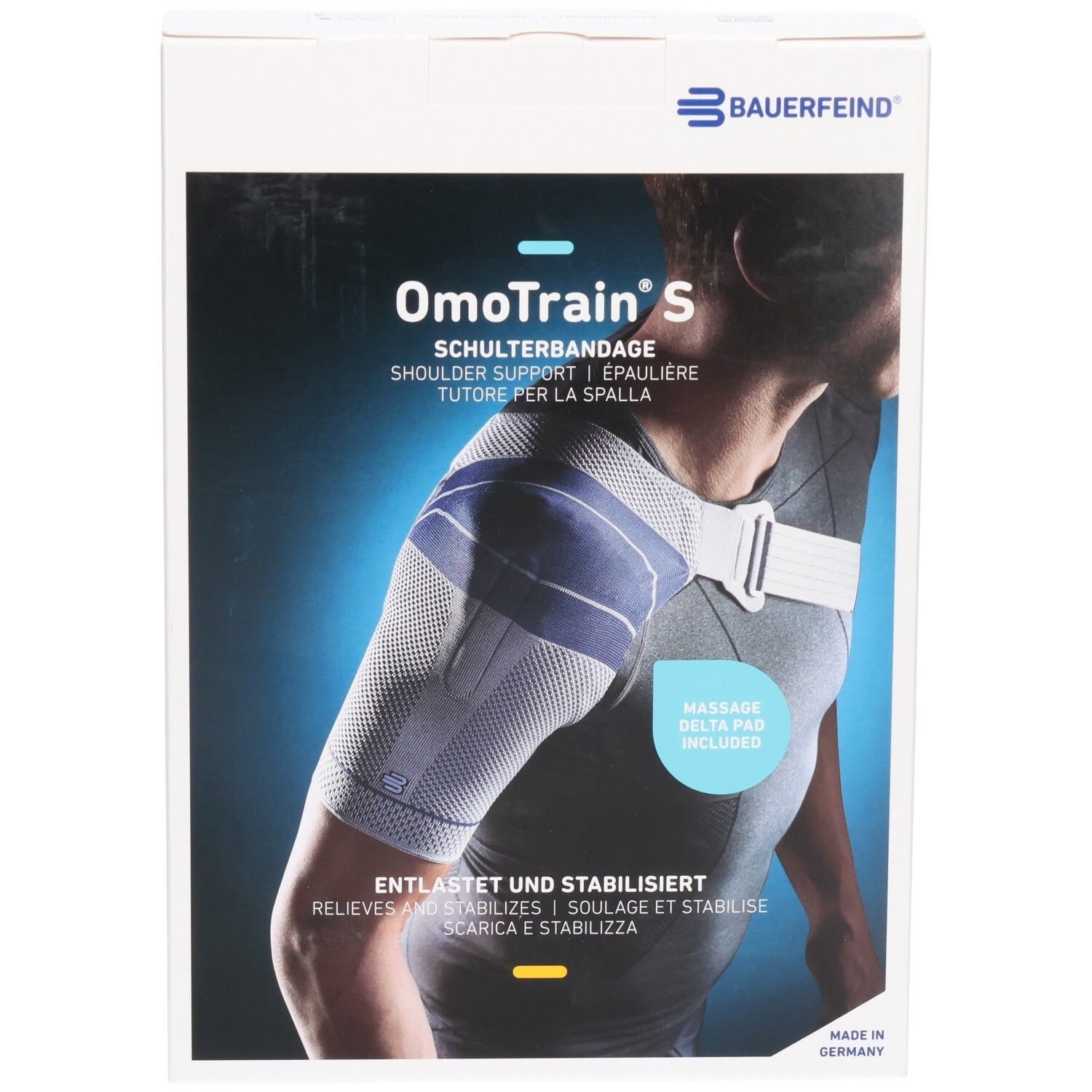 Bauerfeind OmoTrain S Schulterbandage Verpackung mit Abbildung einer Person, die die Bandage trägt.