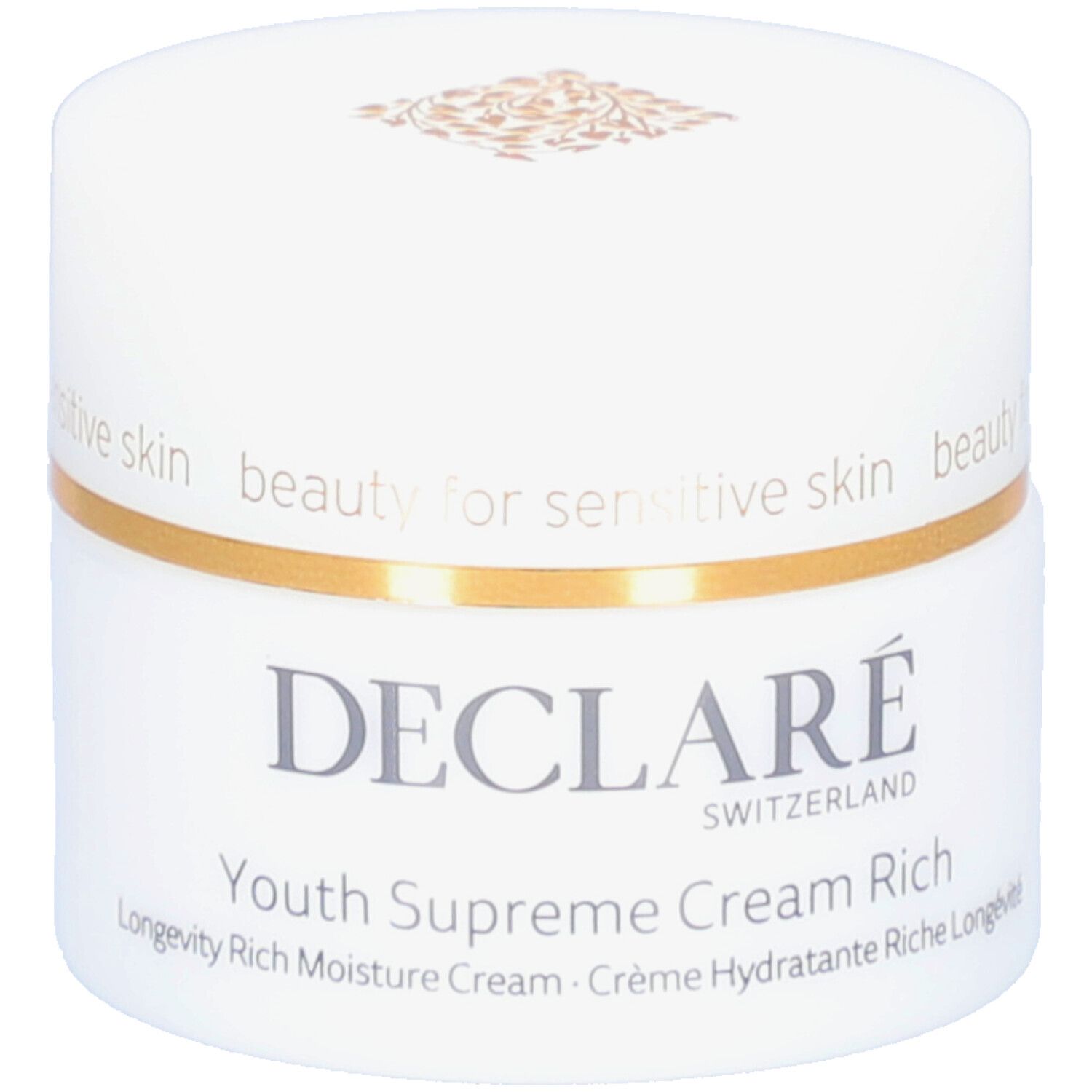 Weißer Tiegel mit goldfarbenem Deckelrand. Aufschrift: DECLARÉ, Youth Supreme Cream Rich. Logo auf dem Deckel.