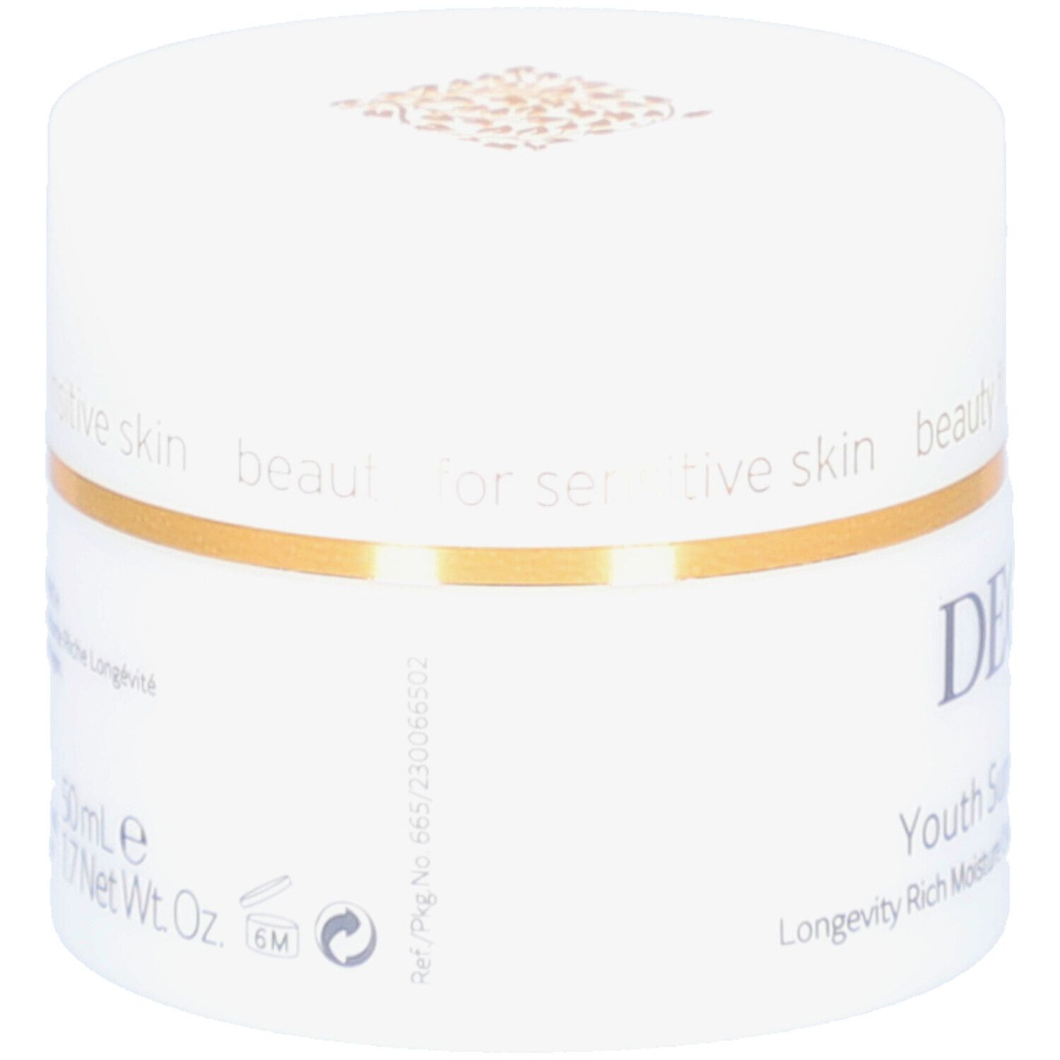 Weißer Tiegel mit goldfarbenem Rand. Aufschrift: DECLARÉ, Youth Supreme Cream Rich. Rückseite mit Text und Symbolen.