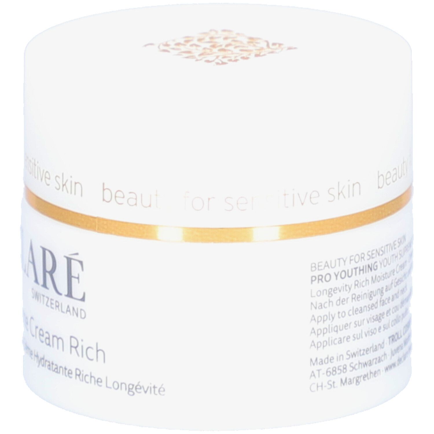 Weißer Tiegel mit goldfarbenem Rand. Aufschrift: DECLARÉ, Youth Supreme Cream Rich. Text auf dem Tiegel.