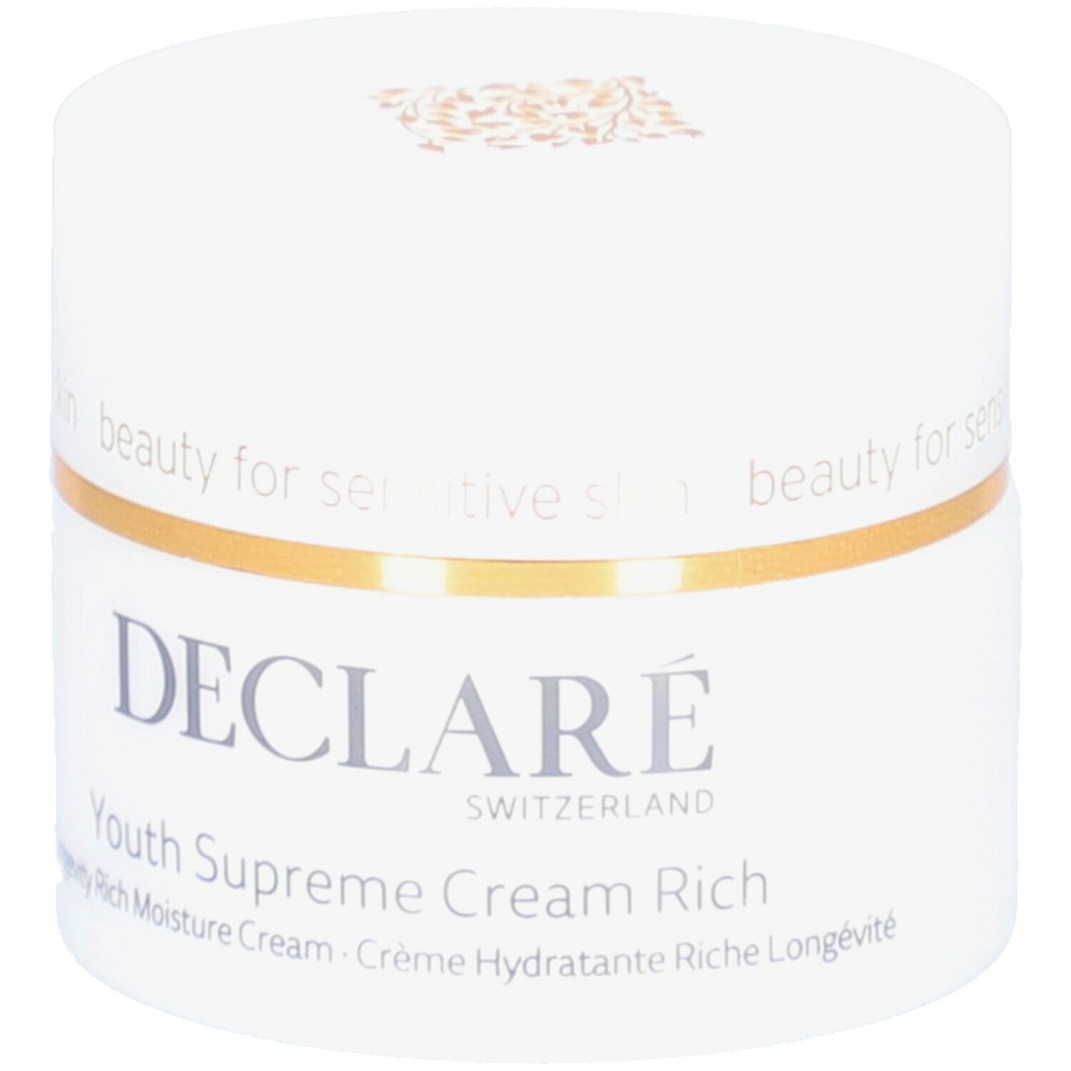 Weißer Tiegel mit goldfarbenem Rand. Aufschrift: DECLARÉ, Youth Supreme Cream Rich. Logo und Text.