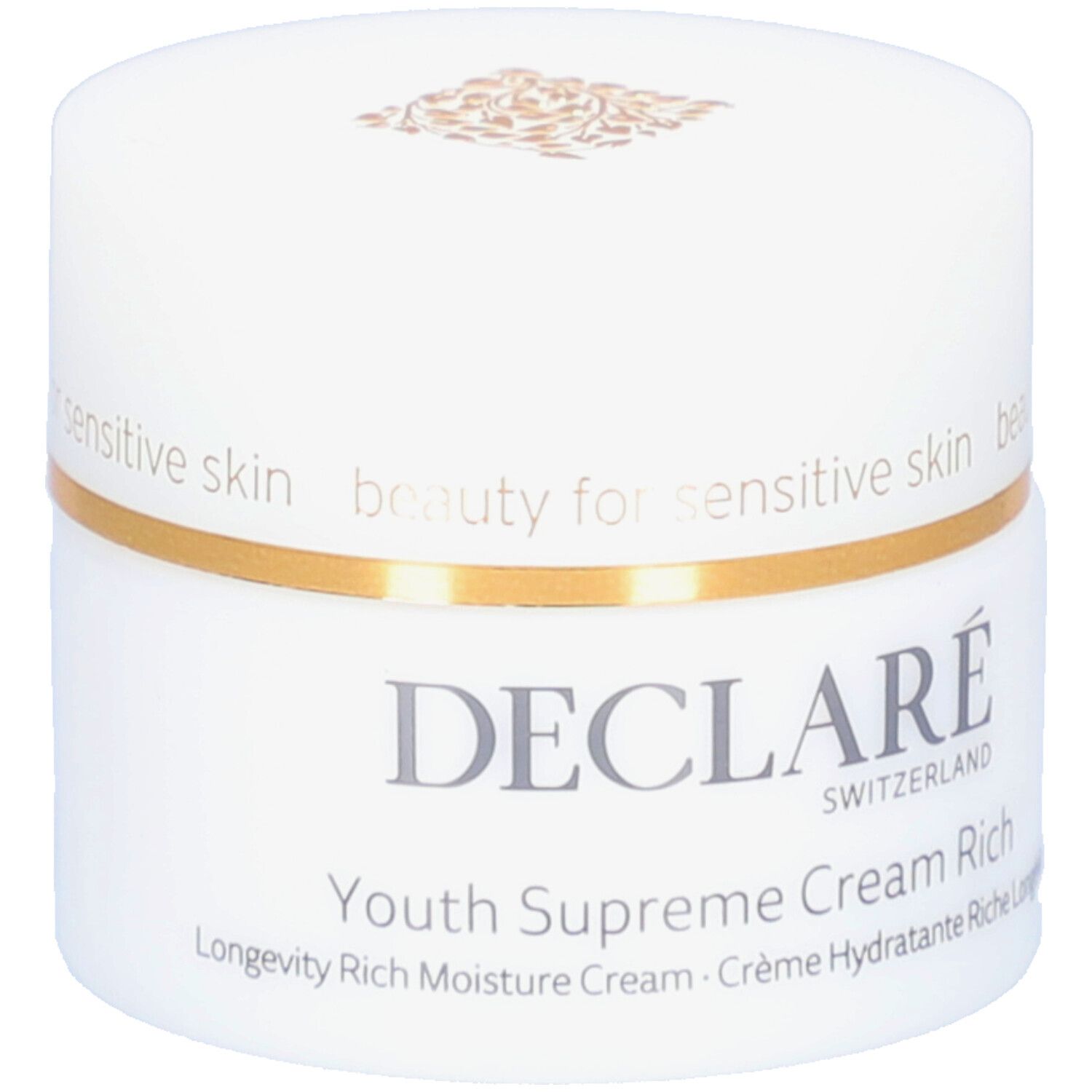 Weißer Tiegel mit goldfarbenem Rand. Aufschrift: DECLARÉ, Youth Supreme Cream Rich. Logo und Text.