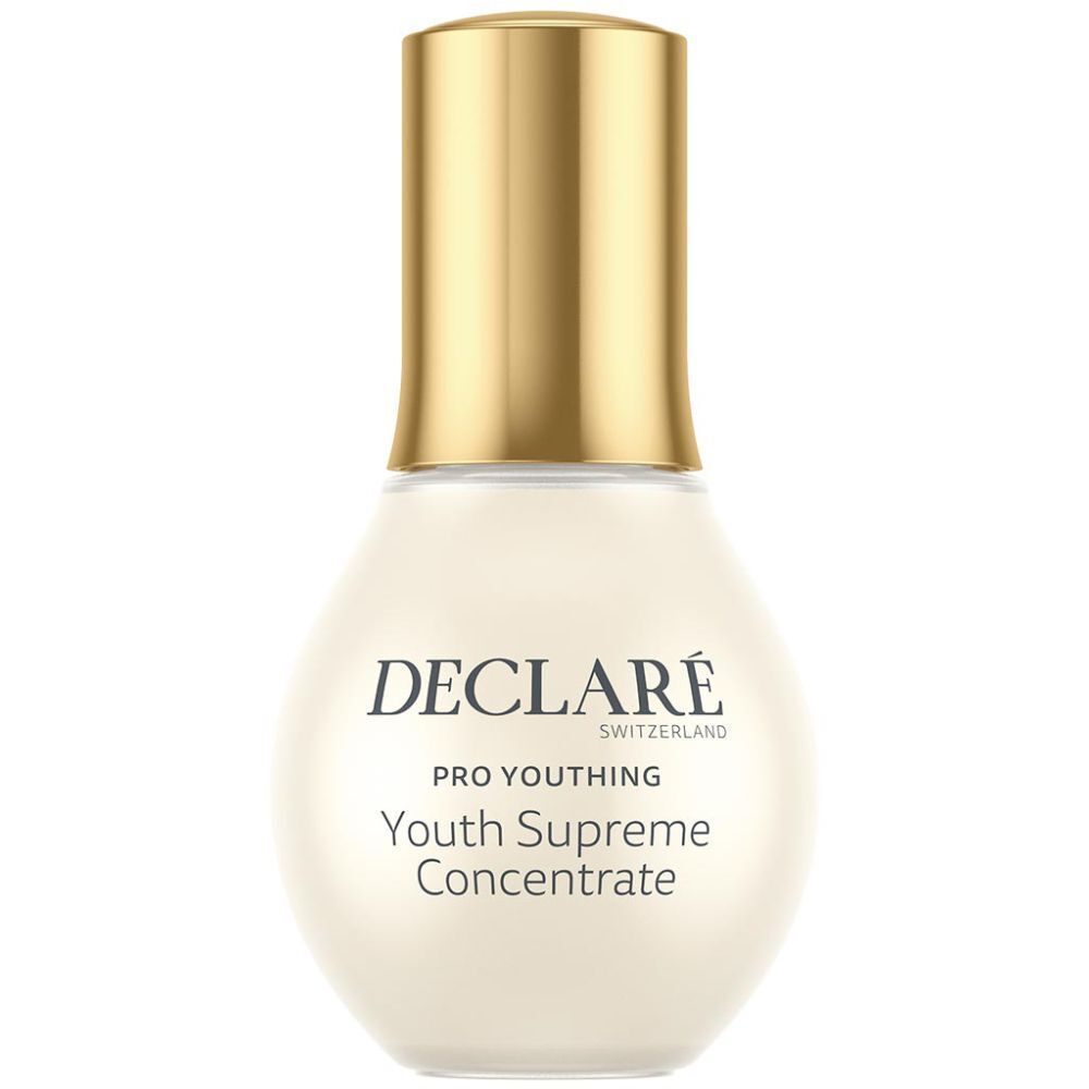 Flacon beige à bouchon doré. Inscription : DECLARÉ SWITZERLAND, PRO YOUTH, Youth Supreme Concentrate.