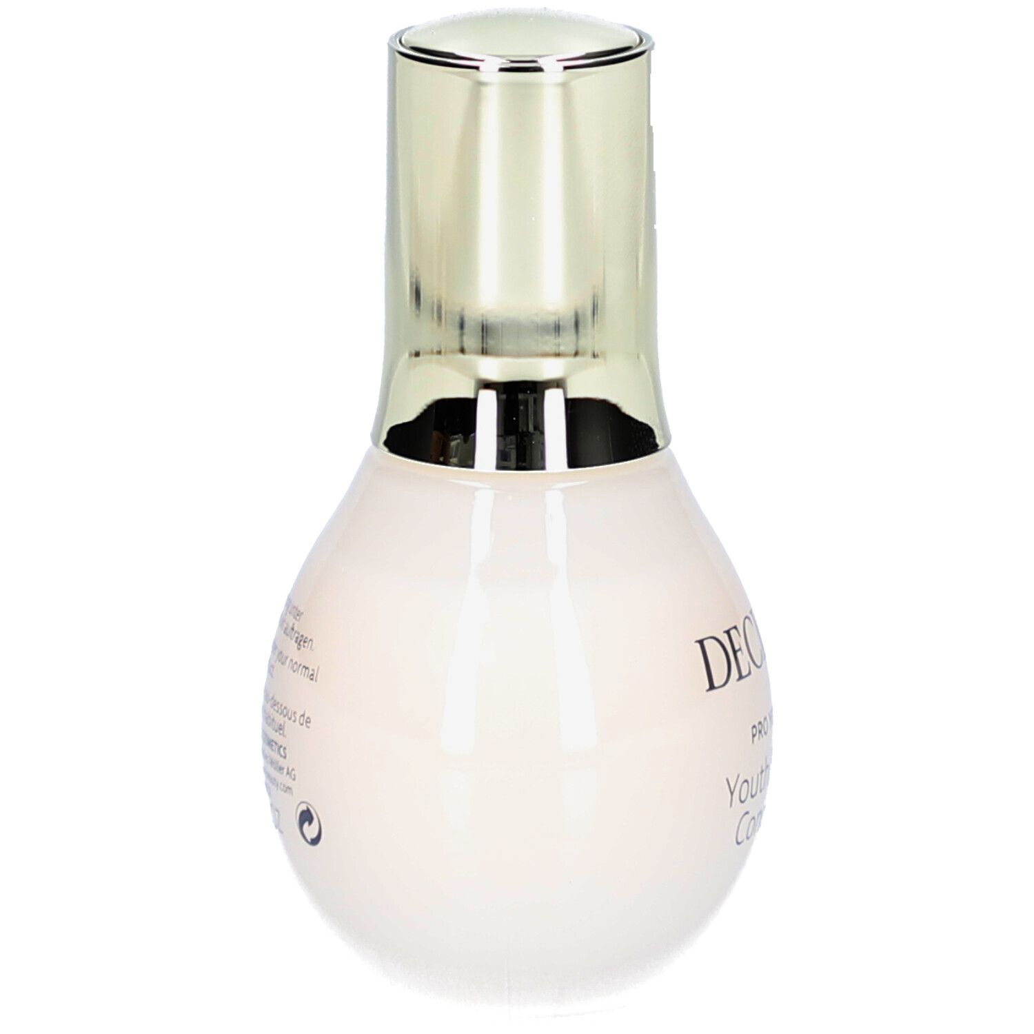 Flacon beige à bouchon doré. Dos avec texte. DECLARÉ, PRO YOUTH, Youth Supreme Concentrate.