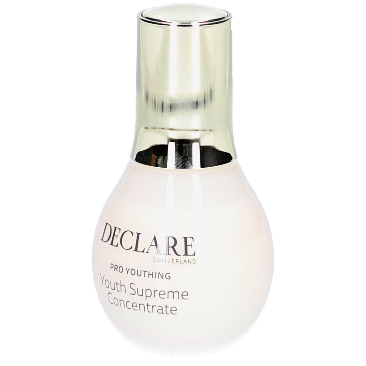 Flacon beige à bouchon doré. Inscription : DECLARÉ SWITZERLAND, PRO YOUTH, Youth Supreme Concentrate.