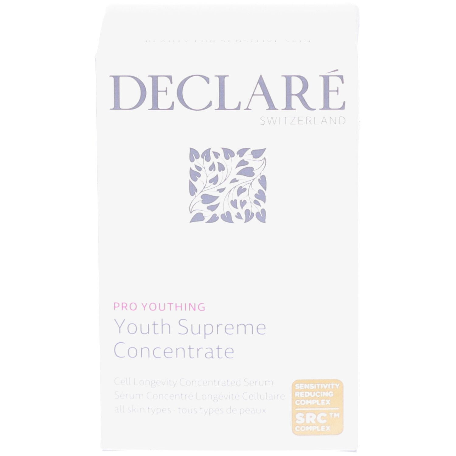 Emballage. Inscription : DECLARÉ SWITZERLAND, PRO YOUTH, Youth Supreme Concentrate. Avec certifications.