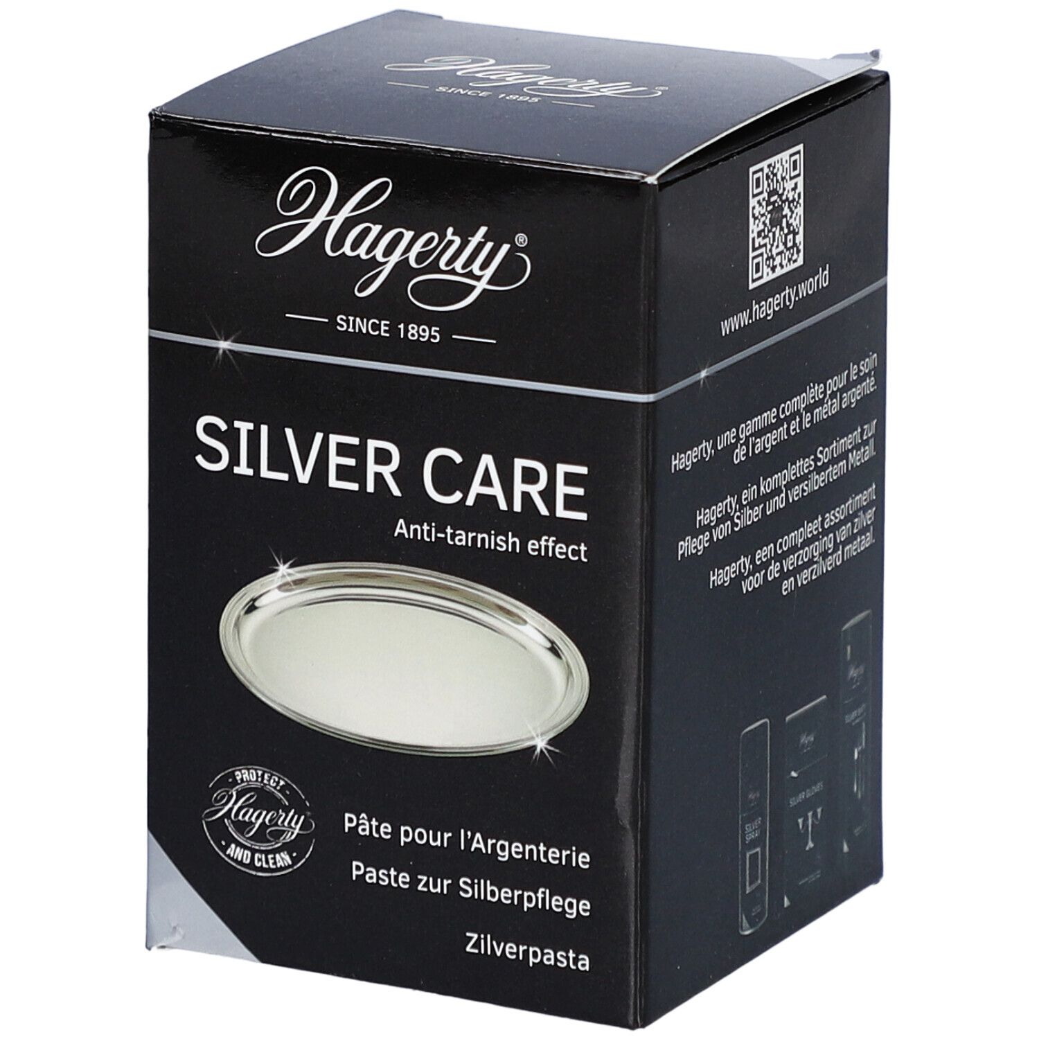 Boîte noire "Hagerty Silver Care". Texte: Anti-ternissement. Image d'un plateau argenté. Code QR.