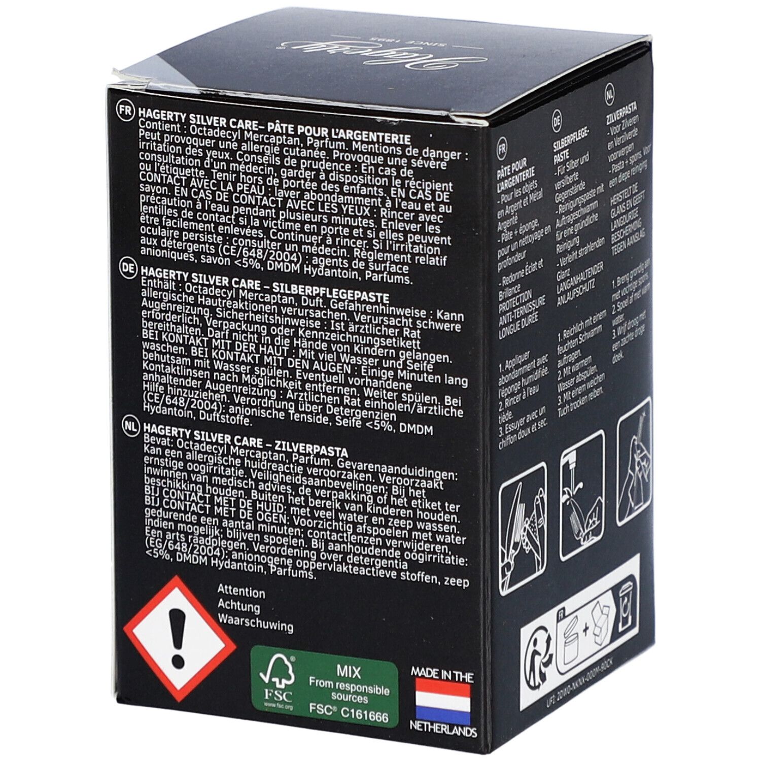Boîte avec avertissements et ingrédients. Texte en allemand, français et néerlandais. Logo FSC.