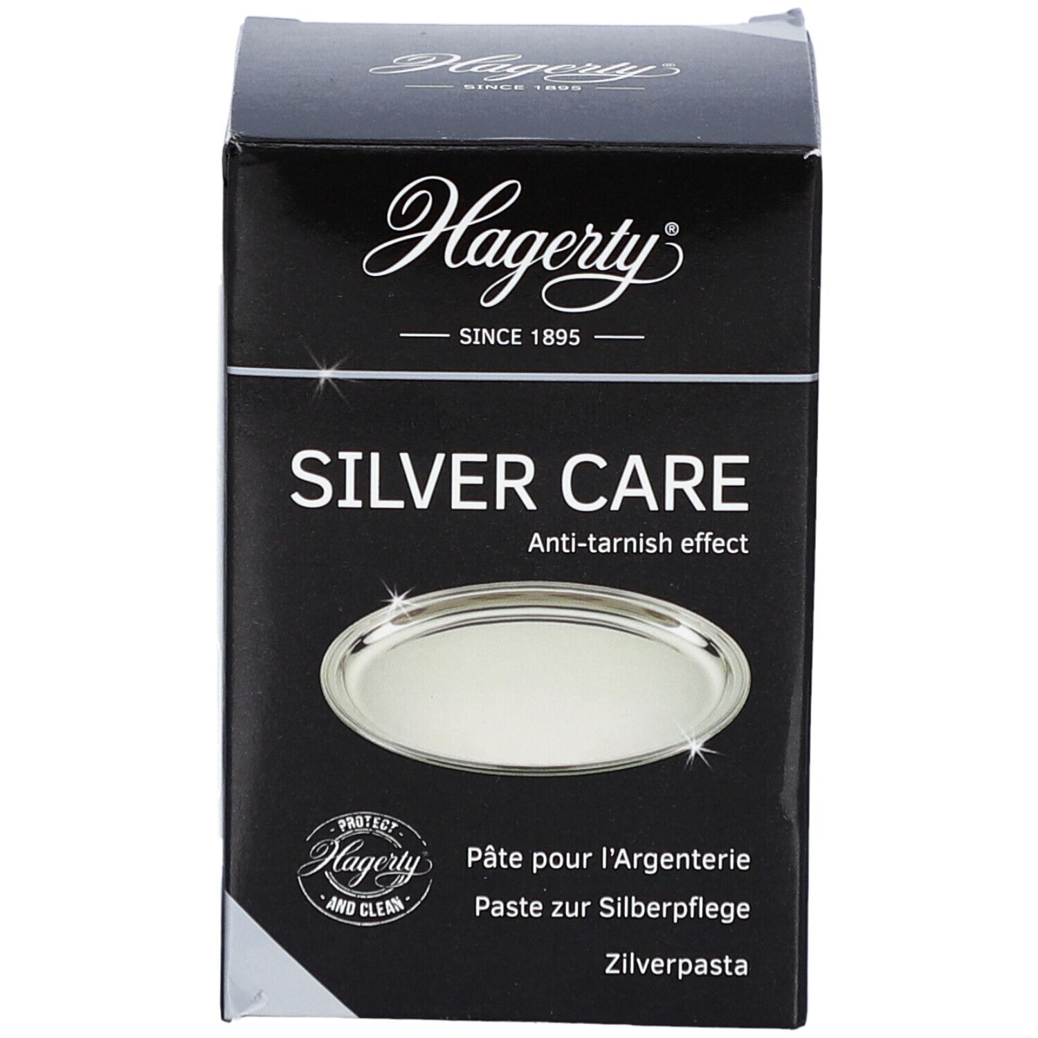 Boîte noire "Hagerty Silver Care". Texte: Anti-ternissement. Image d'un plateau argenté.
