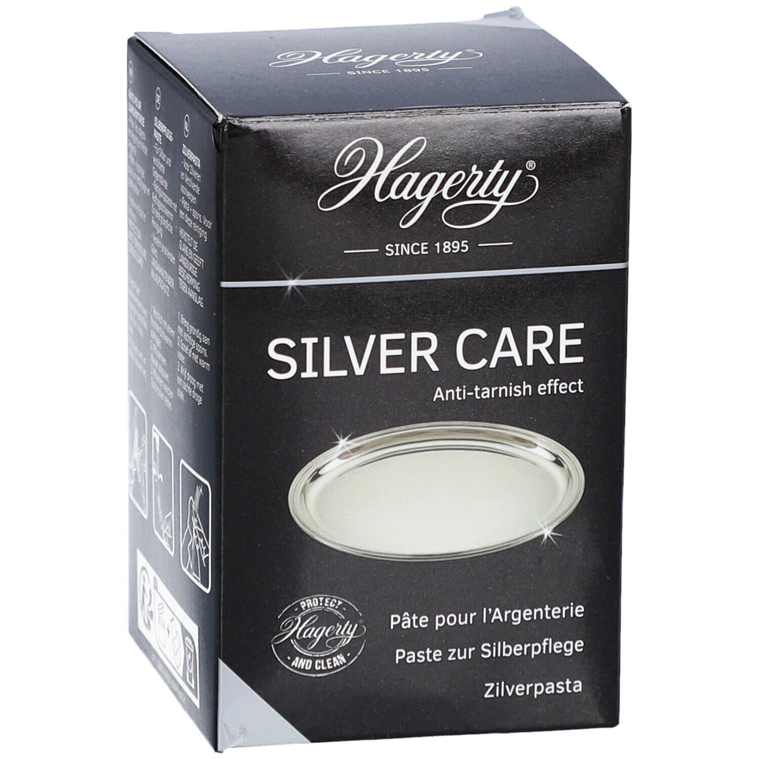 Boîte noire "Hagerty Silver Care". Texte: Anti-ternissement. Image d'un plateau argenté. Illustrations.