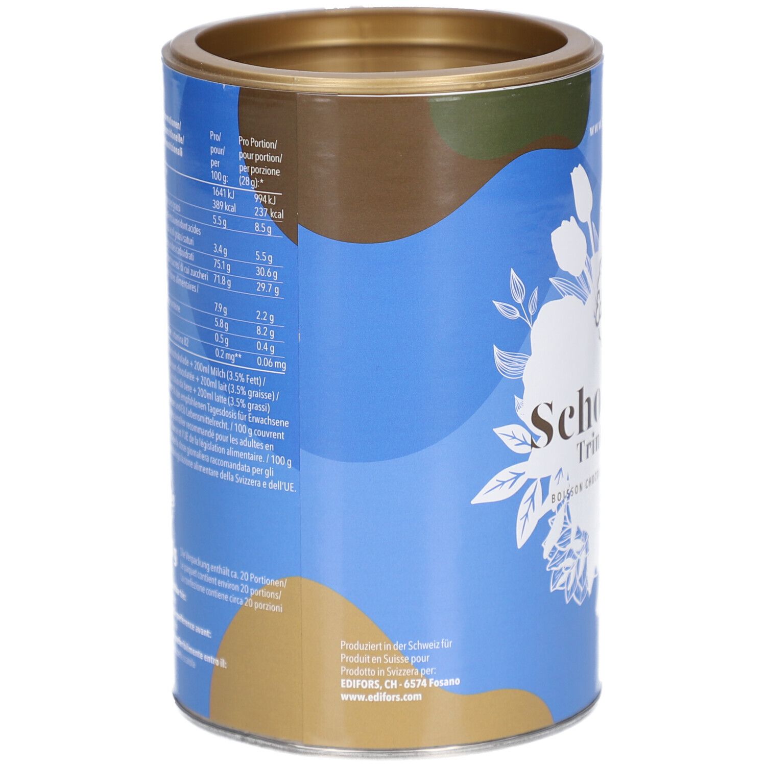 Dose mit Nährwertangaben. Aufschrift: EDIFORS. Enthält Nährwerttabelle. Goldfarbener Deckel. Blaue Dose.