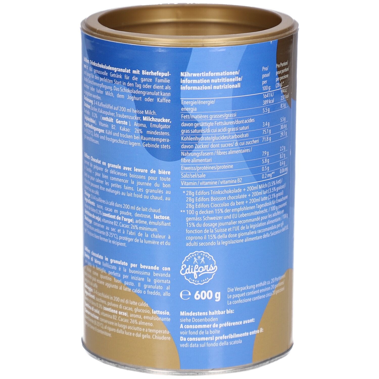 Dose mit Text in mehreren Sprachen. Enthält Nährwertangaben. Aufschrift: EDIFORS. Gewicht: 600 g. Goldfarbener Deckel.
