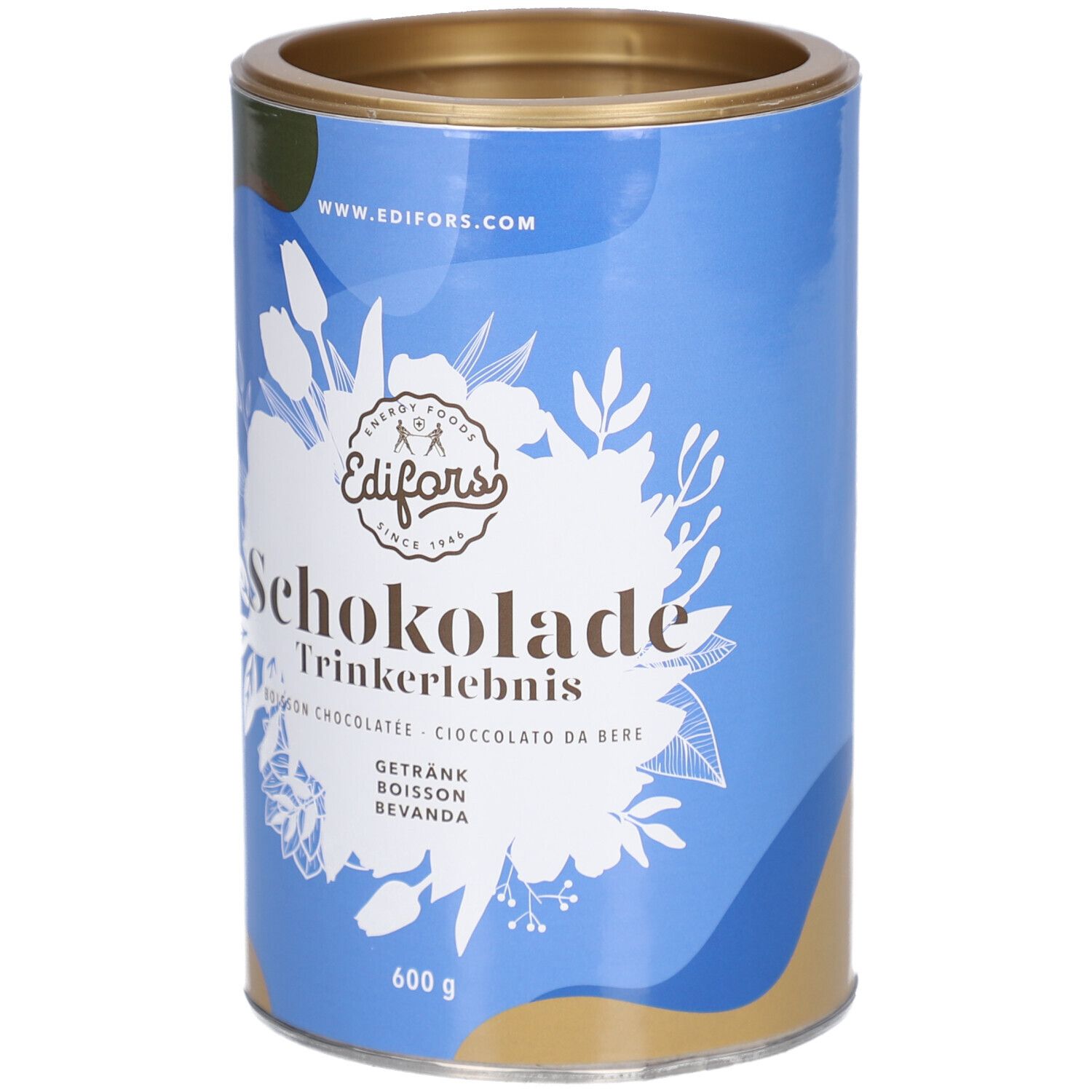 Zylindrische Dose mit blauem Hintergrund. Aufschrift: EDIFORS Schokolade Trinkerlebnis. Gewicht: 600 g. Goldfarbener Deckel.