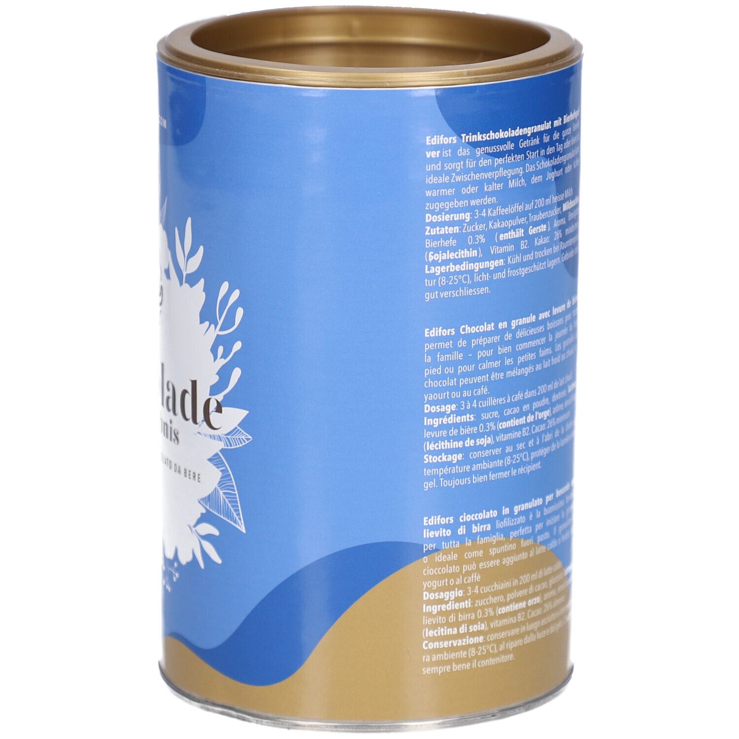 Dose mit Text in mehreren Sprachen. Aufschrift: EDIFORS Schokolade Trinkerlebnis. Goldfarbener Deckel. Blaue Dose.