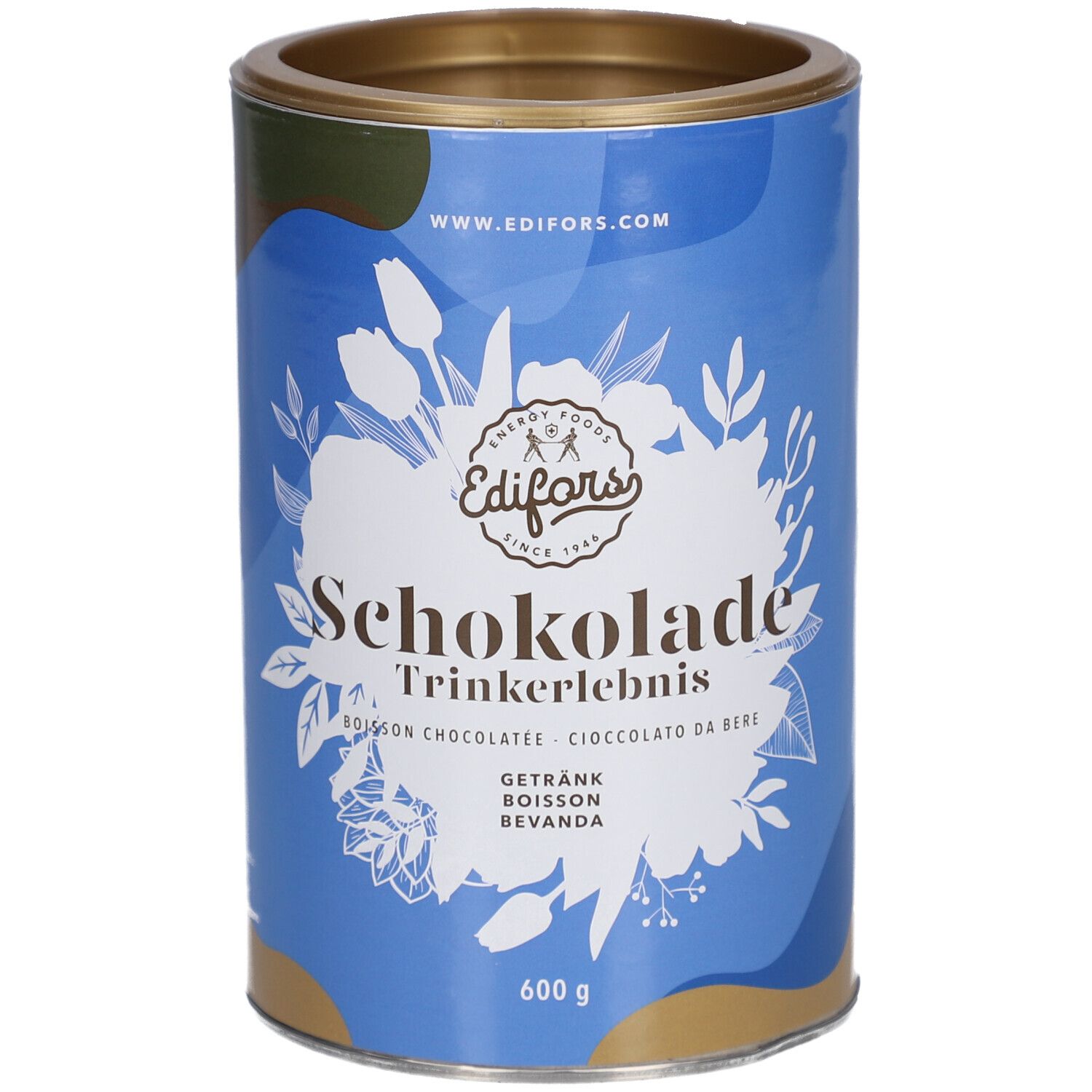 Zylindrische Dose mit blauem Hintergrund. Aufschrift: EDIFORS Schokolade Trinkerlebnis. Gewicht: 600 g. Goldfarbener Deckel.