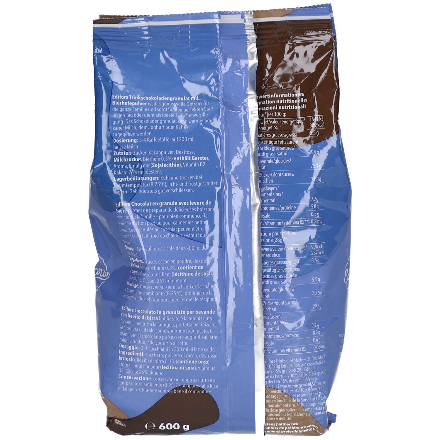 Rückseite des Beutels mit EDIFORS Schokolade Trinkerlebnis. Enthält Textinformationen und Nährwertangaben.