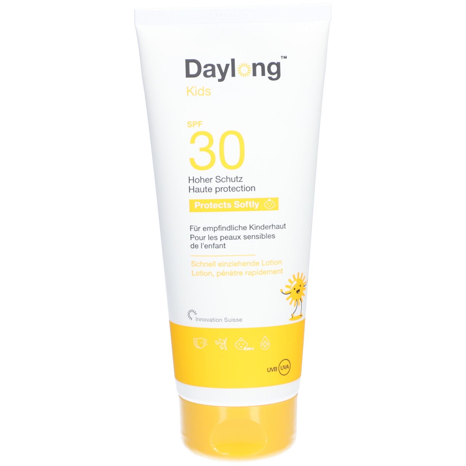 Weiße Tube mit gelbem Deckel. Aufschrift: Daylong Kids SPF 30. Enthält Sonnencreme. Mit Illustration einer Sonne.