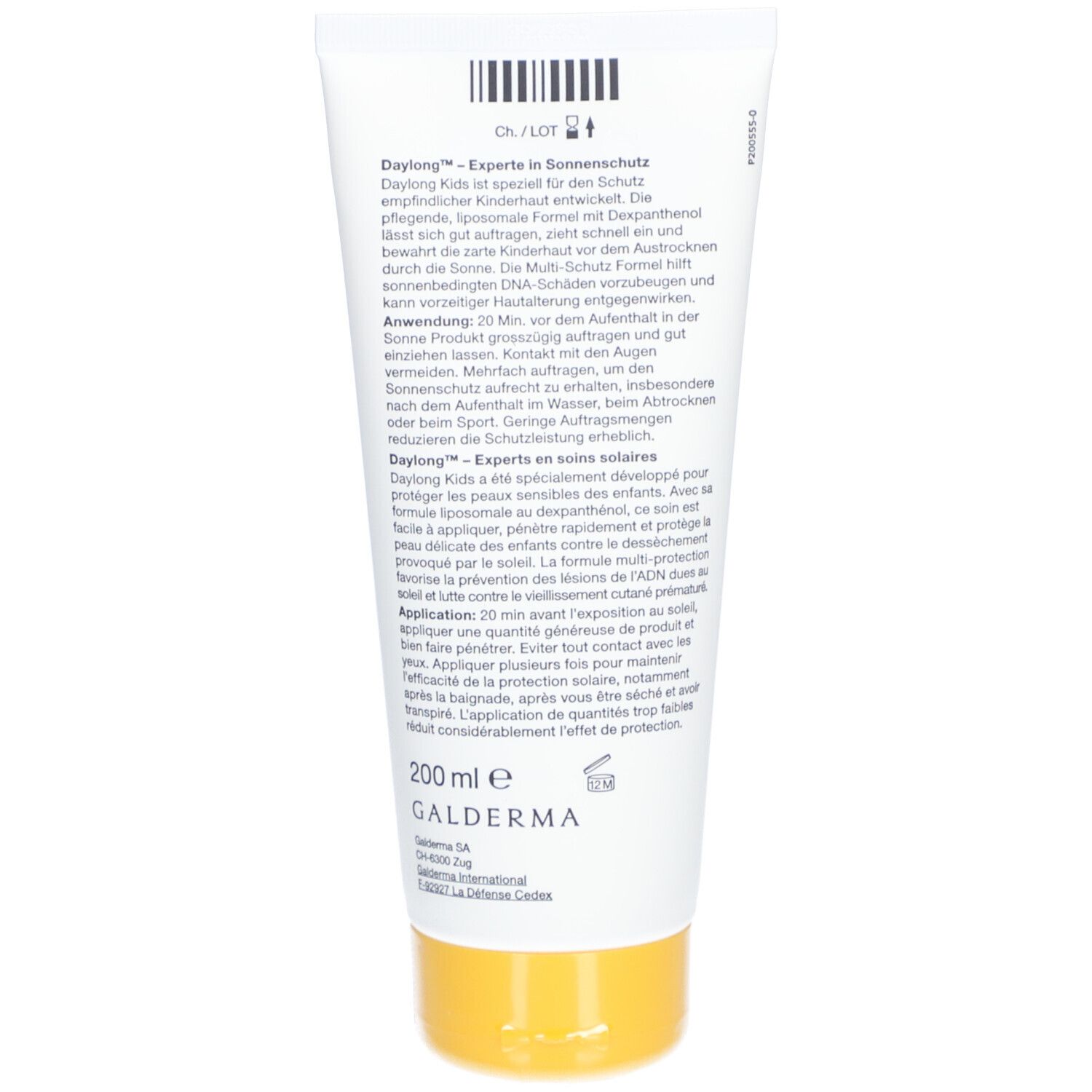 Rückseite der Tube. Text in Deutsch und Französisch. Enthält Informationen zur Anwendung und Inhaltsstoffe.