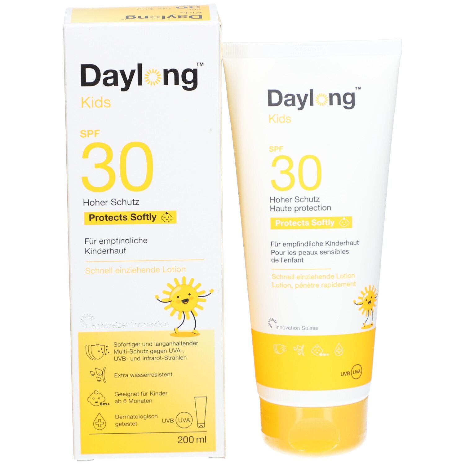 Produktverpackung mit Tube und Karton. Aufschrift: Daylong Kids SPF 30. Enthält Sonnencreme. Mit Illustration einer Sonne.
