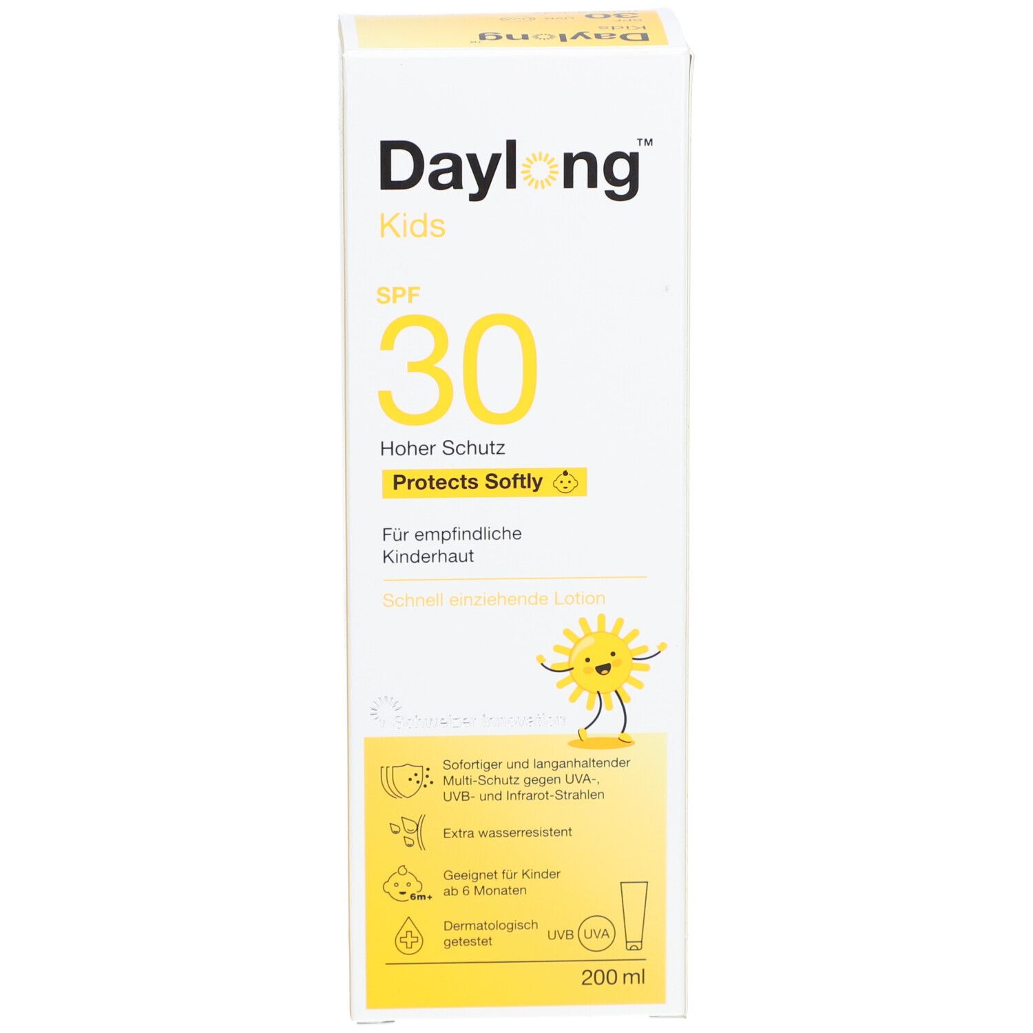 Kartonverpackung. Aufschrift: Daylong Kids SPF 30. Enthält Sonnencreme. Mit Illustration einer Sonne. 200 ml.