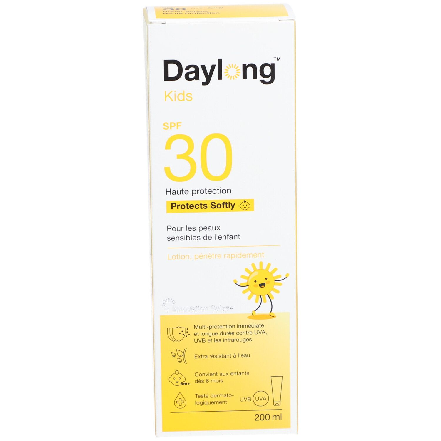 Kartonverpackung. Aufschrift: Daylong Kids SPF 30. Enthält Sonnencreme. Mit Illustration einer Sonne. 200 ml.