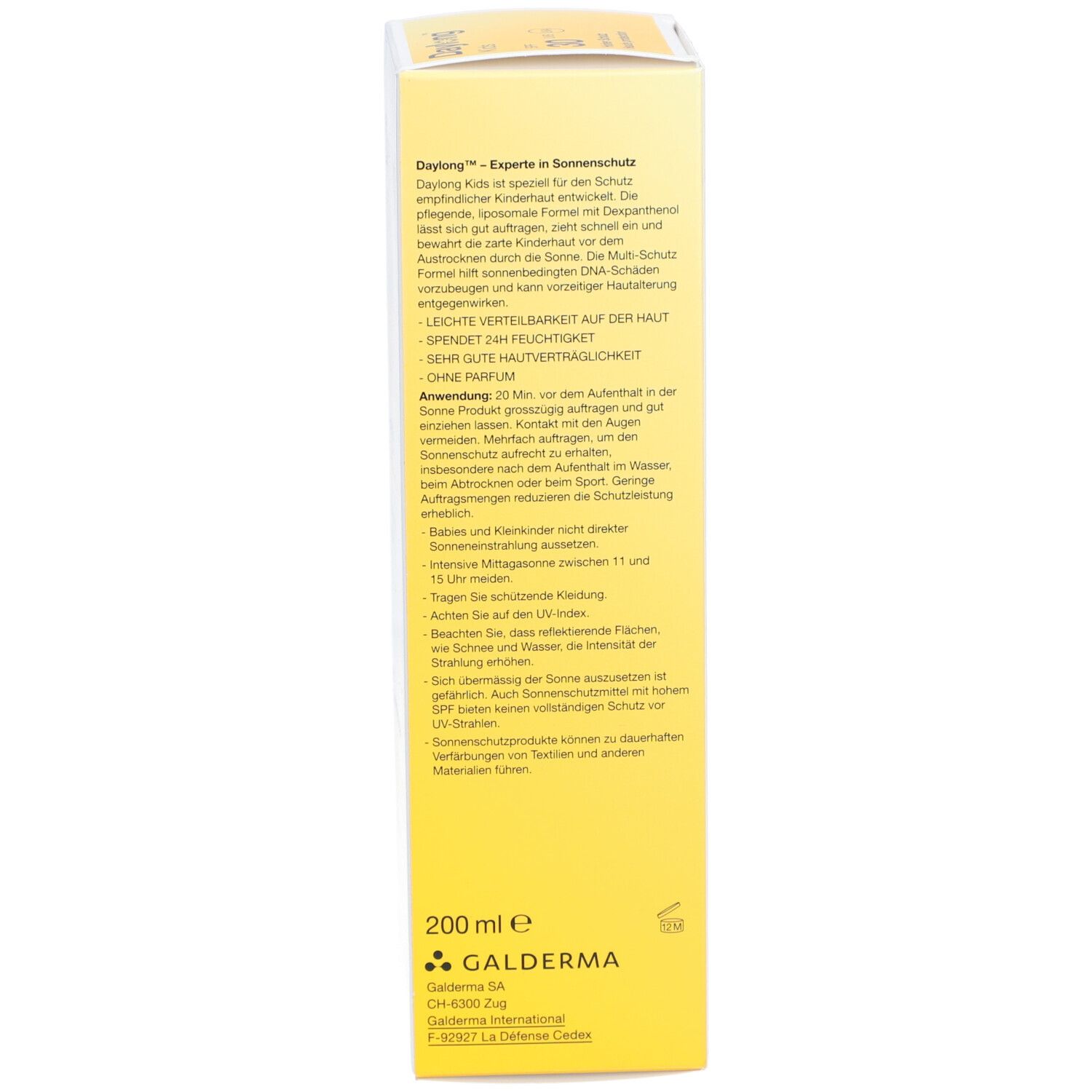 Rückseite der Kartonverpackung. Text in Deutsch. Enthält Informationen zur Anwendung und Inhaltsstoffe.