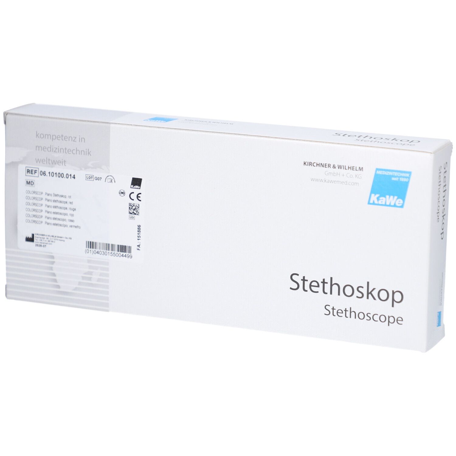 Verpackung eines roten Stethoskops mit CE-Kennzeichnung und Herstellerinformationen.