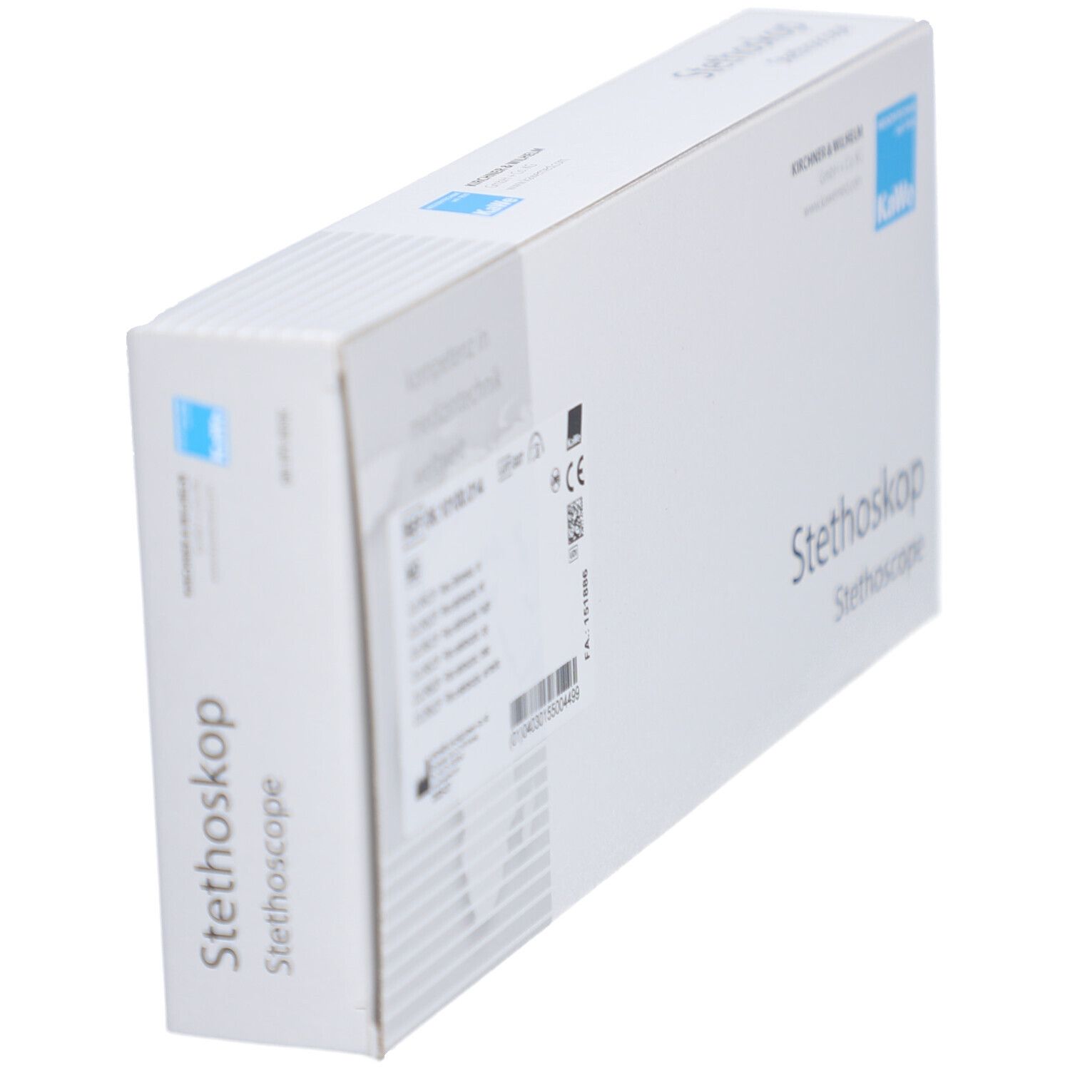 Seitenansicht der Verpackung eines roten Stethoskops mit CE-Kennzeichnung und Herstellerinformationen.