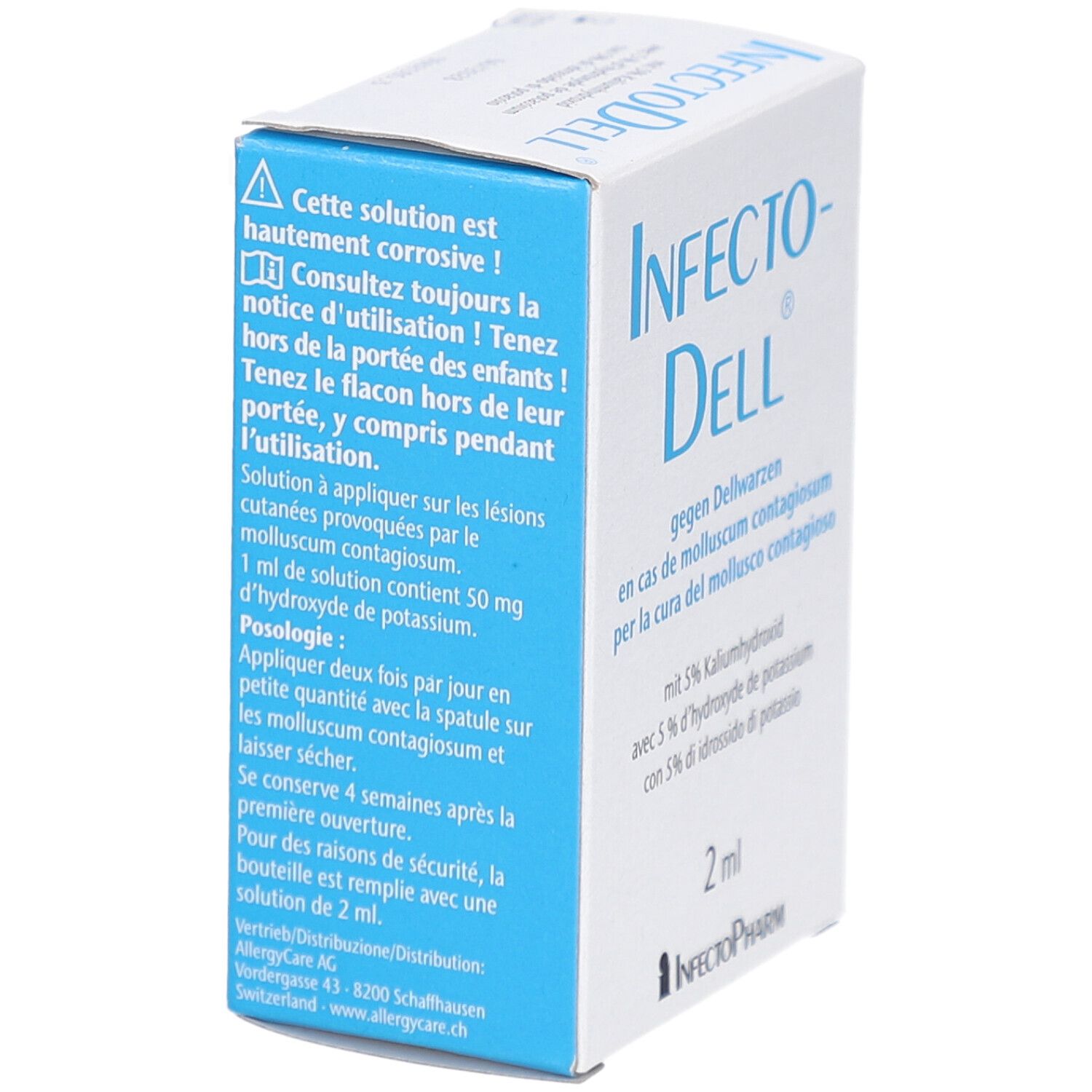 Karton von Infecto-Dell. Blaue und weiße Verpackung. Text in Deutsch, Französisch und Italienisch. 2 ml Inhalt.