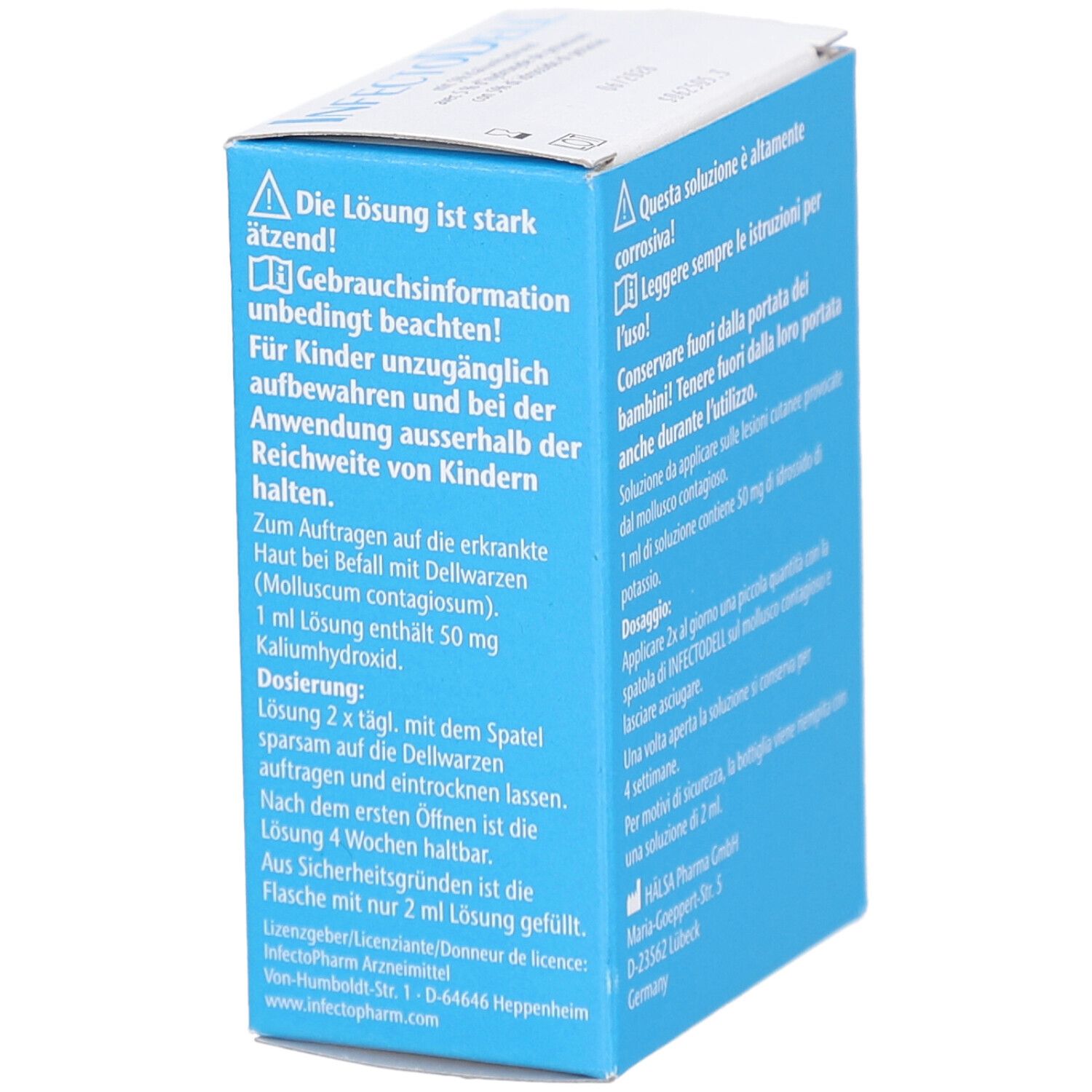 Karton von Infecto-Dell. Blaue und weiße Verpackung. Text in Deutsch, Französisch und Italienisch. 2 ml Inhalt.