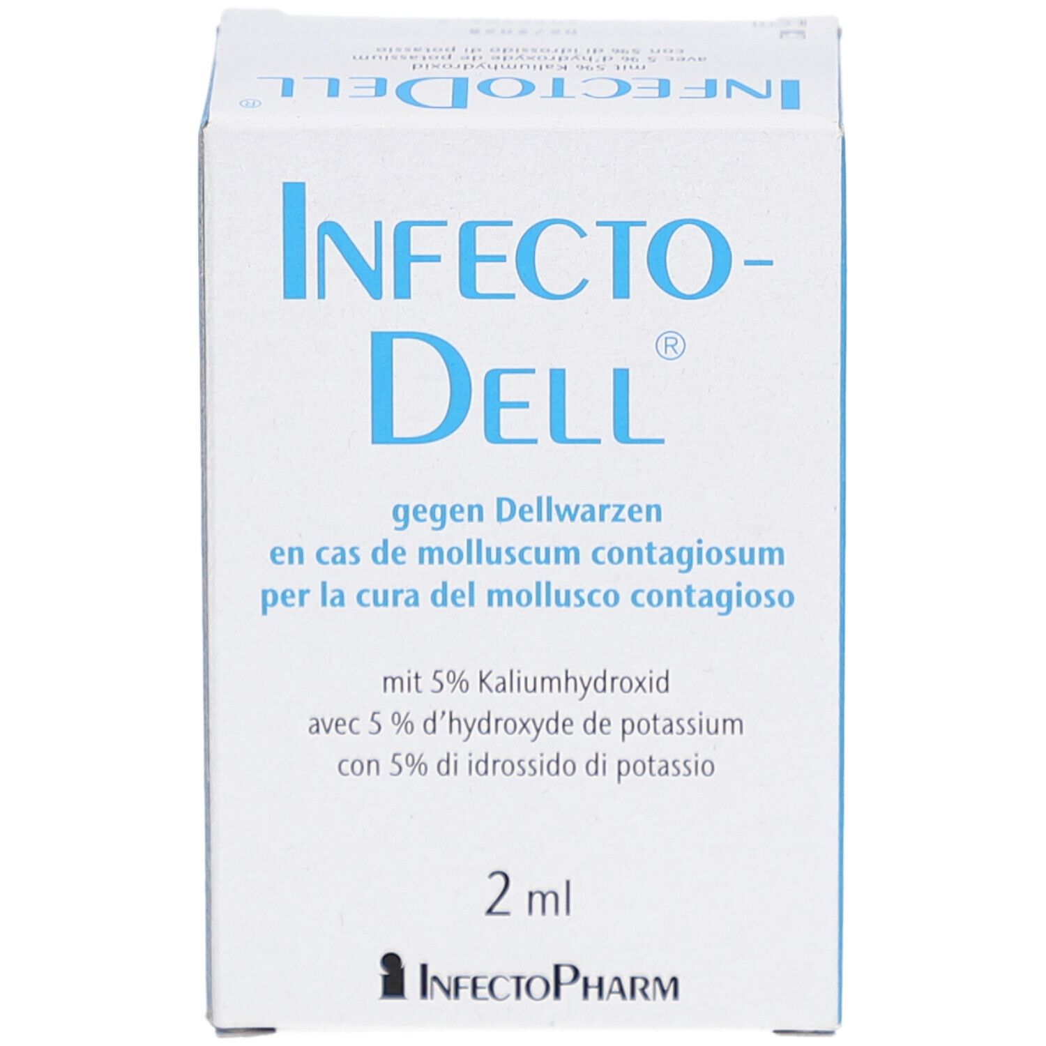 Karton von Infecto-Dell. Blaue und weiße Verpackung. Text in Deutsch, Französisch und Italienisch. 2 ml Inhalt.