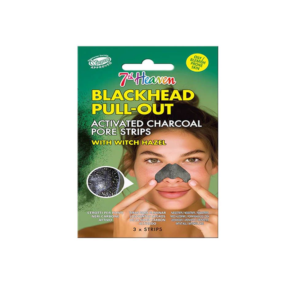 Verpackung mit Nasenstrips. Aufschrift: 7th Heaven Blackhead Pull-Out, Aktivkohle Pore Strips. Frau mit Strip auf der Nase.