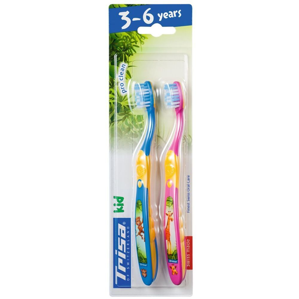 Deux brosses à dents pour enfants dans un emballage blister. Manches bleues et roses avec des images d'animaux. Pro Clean, 3-6 ans.