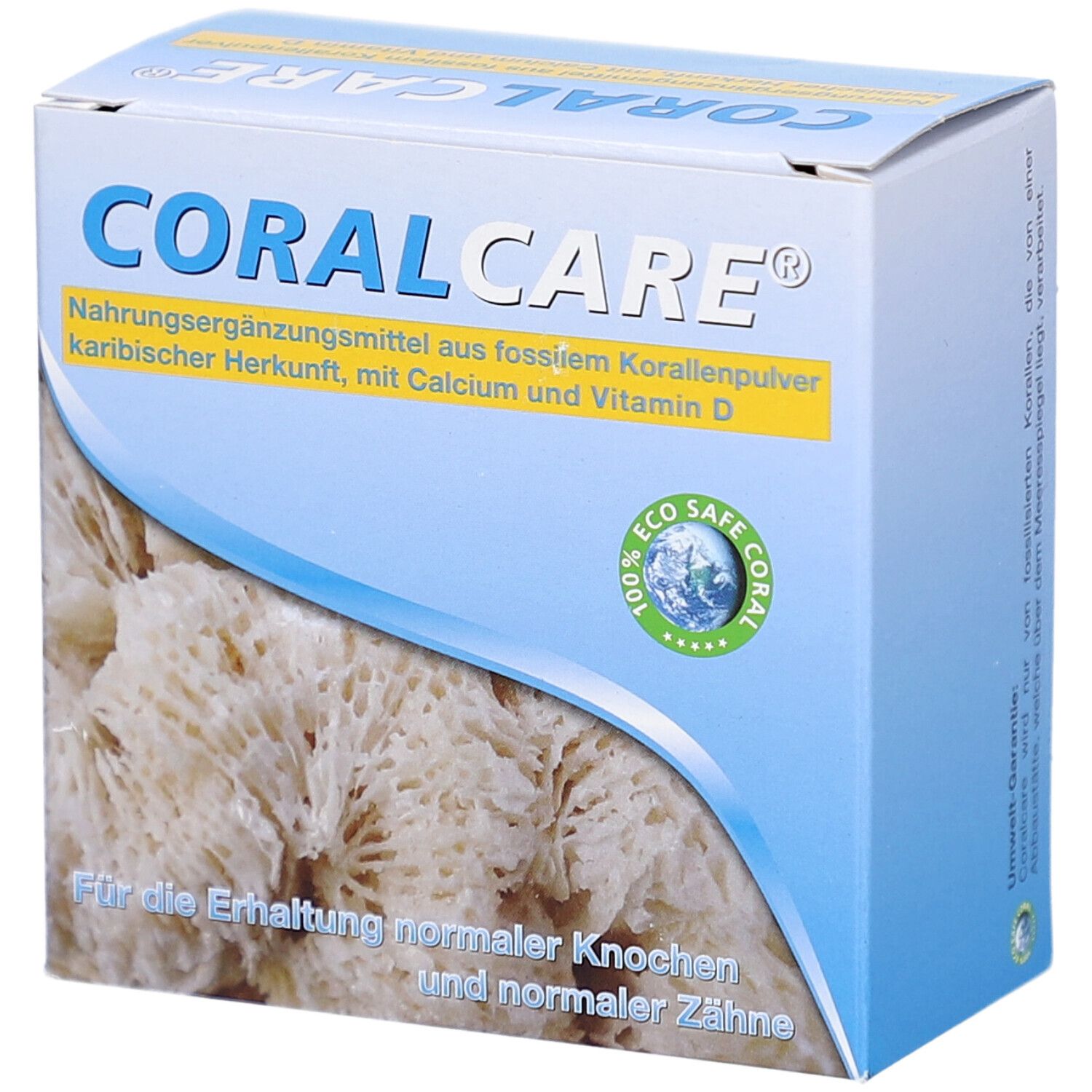 Blau-weiße Schachtel mit Produktnamen CORAL CARE. Text: Nahrungsergänzungsmittel aus fossilem Korallenpulver. Eco Safe Coral-Siegel. Text unten: Für die Erhaltung normaler Knochen und normaler Zähne.