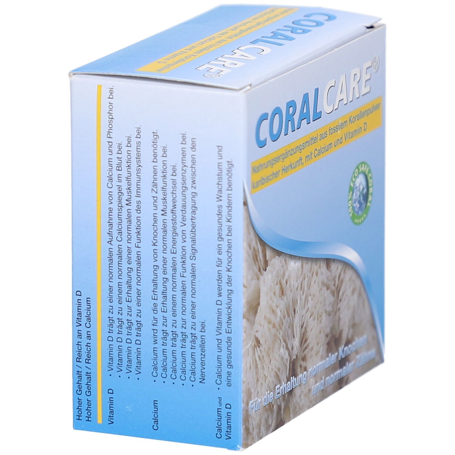 Blau-weiße Schachtel CORAL CARE. Text: Nahrungsergänzungsmittel aus fossilem Korallenpulver mit Calcium und Vitamin D. Auf der Seite Text über Calcium und Vitamin D.