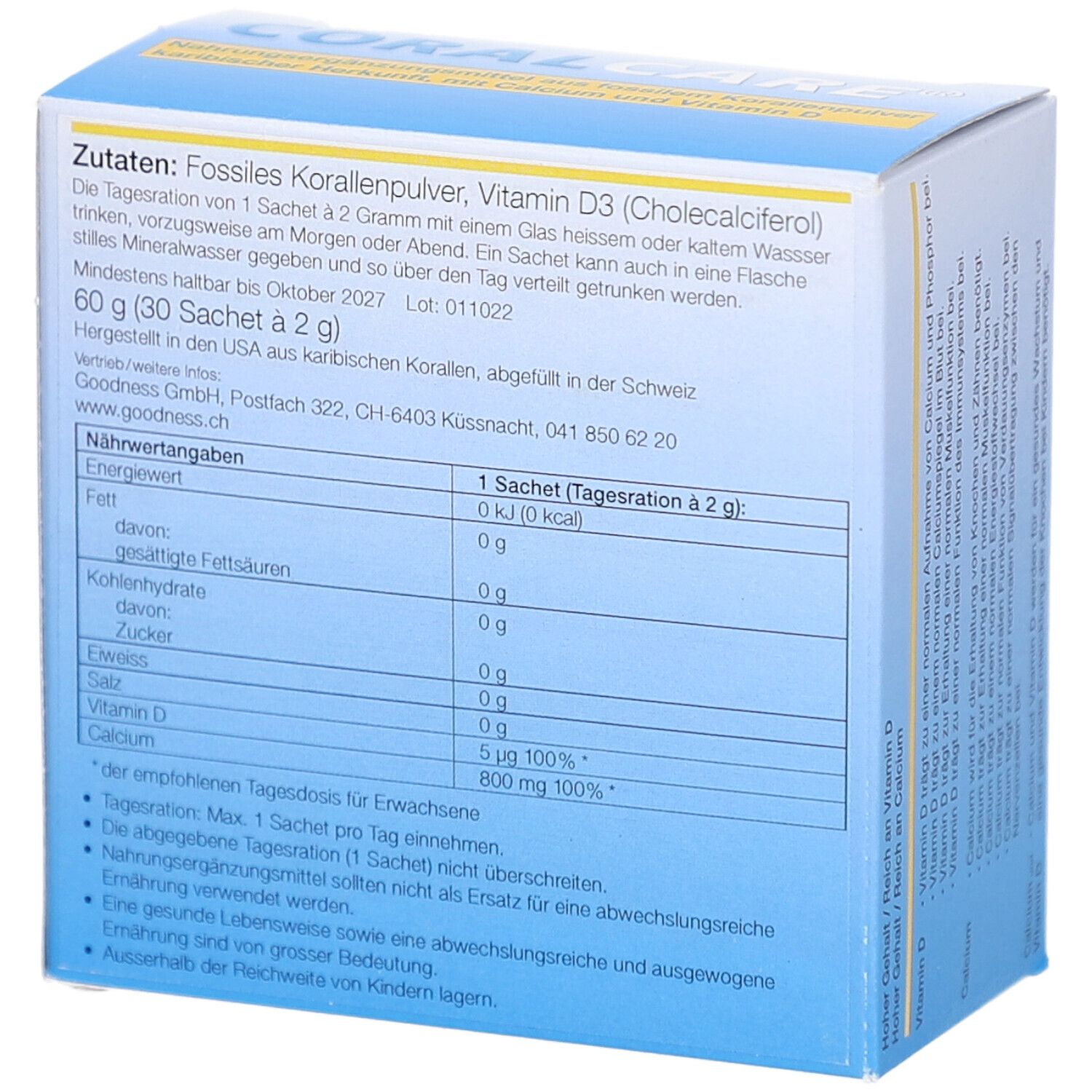 Rückseite der CORAL CARE-Schachtel. Zutatenliste: fossiles Korallenpulver, Vitamin D3. Nährwertangaben. 60 g (30 Beutel à 2 g). Mindestens haltbar bis Oktober 2027.