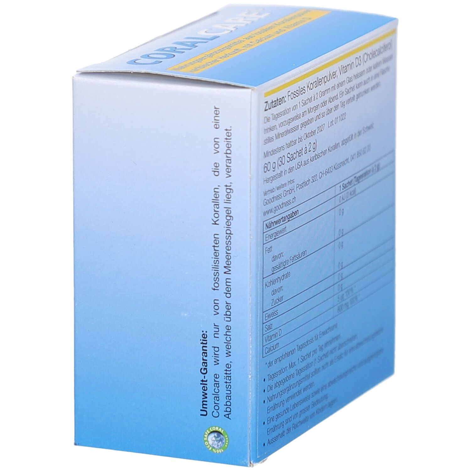 Seite der CORAL CARE-Schachtel. Text: Zutaten: fossiles Korallenpulver, Vitamin D3. Umwelt-Garantie: Coralcare wird nur von einer Abbaustätte verarbeitet.
